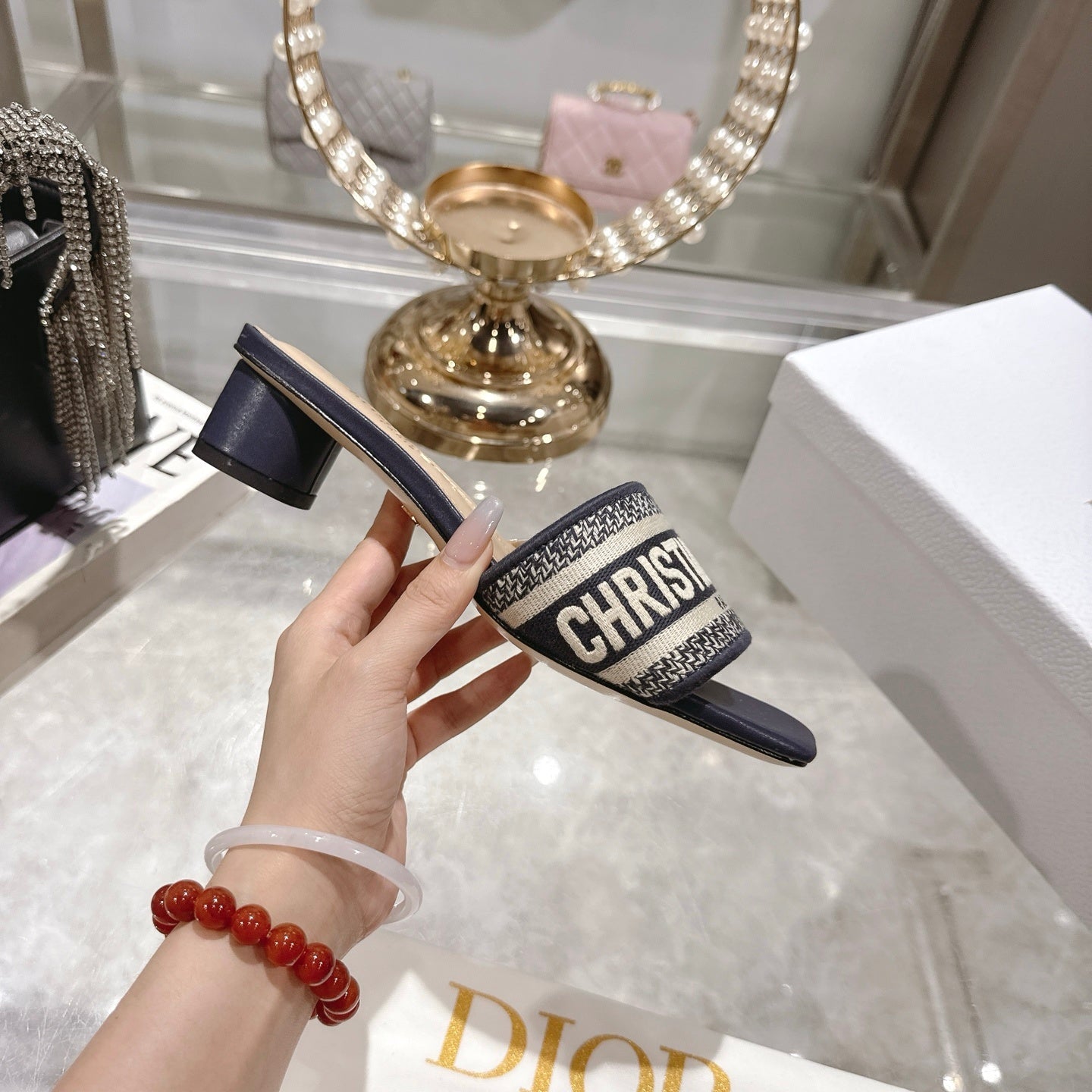 LOGO JACQUARD LOW HEEL SLIDE MULES