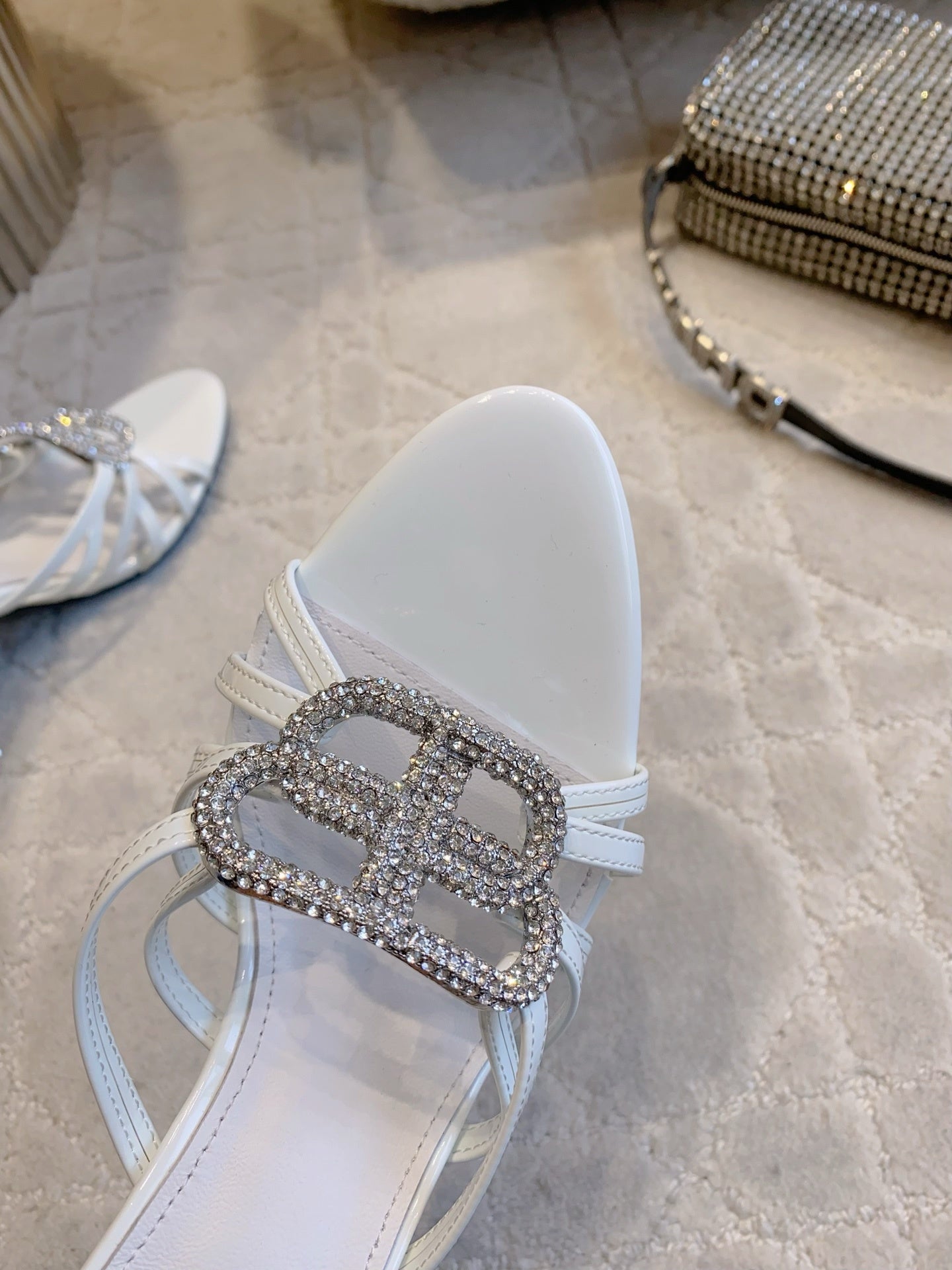 CRYSTAL EMBELLISHED WHITE STRAPPY HEELS