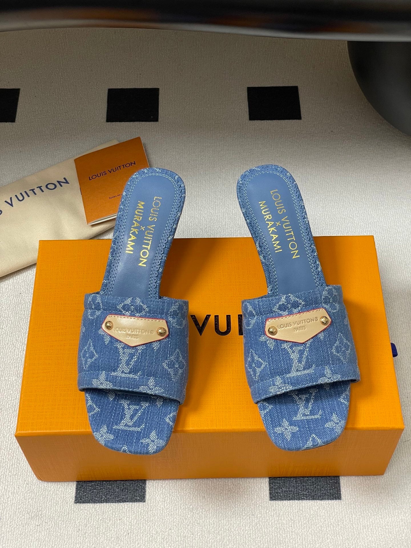 DENIM MONOGRAM MURAKAMI MULES WITH SCULPTED HEEL