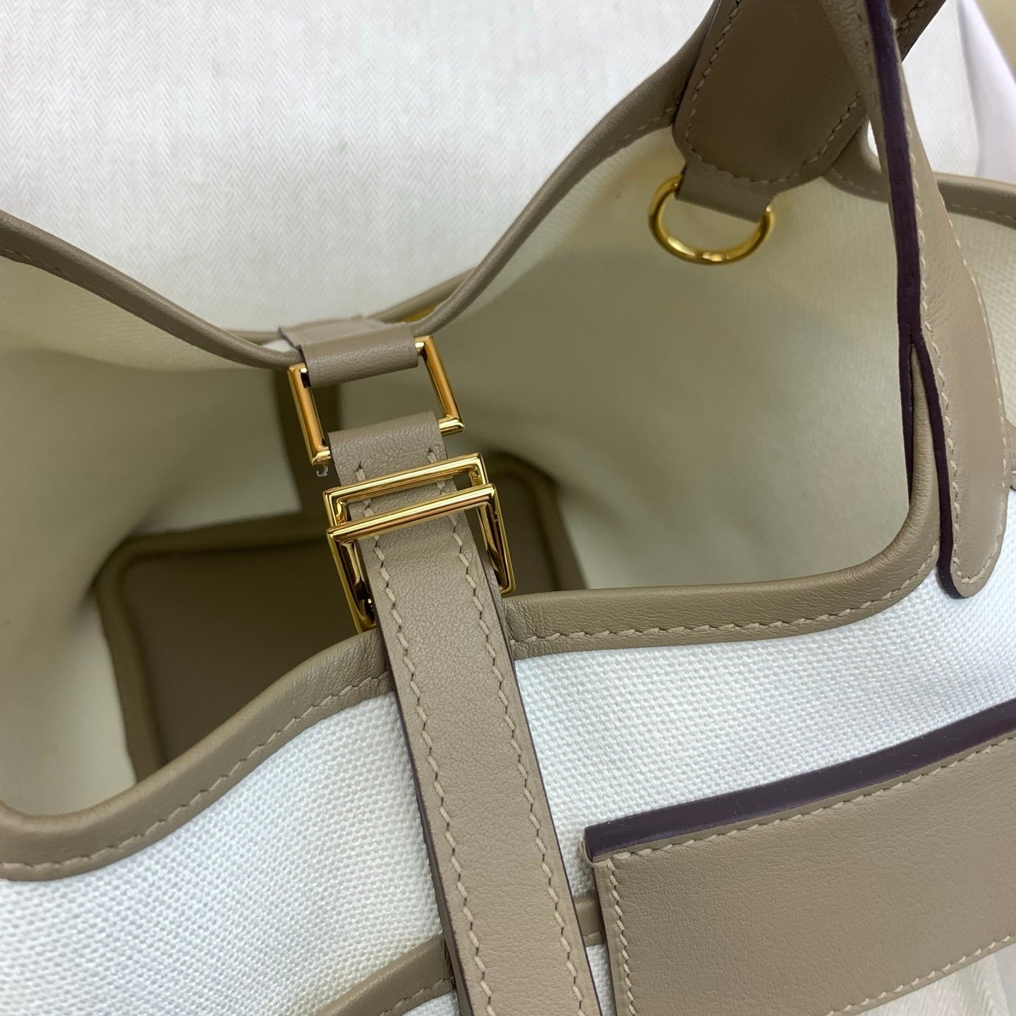LUXURY CANVAS & TAUPE LEATHER MINI PICOTIN STYLE HANDBAG