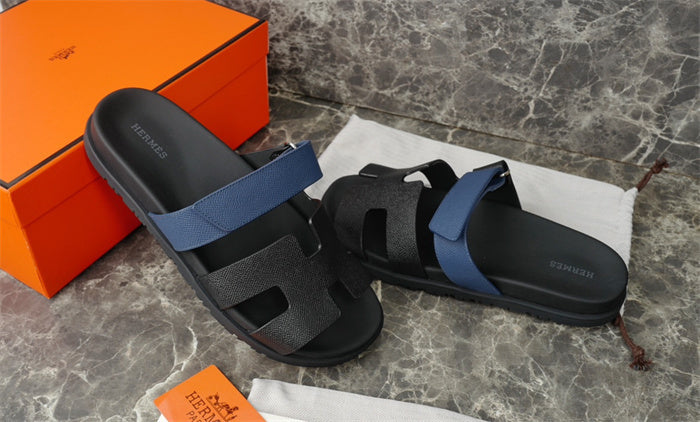 BLACK & BLUE DOUBLE-STRAP H-CUT LEATHER SLIDE SANDALS