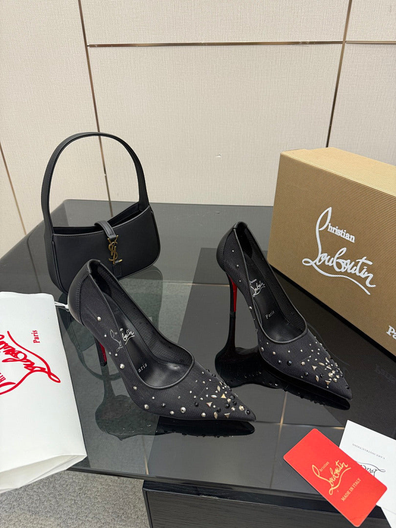 BLACK RHINESTONE MESH PUMPS