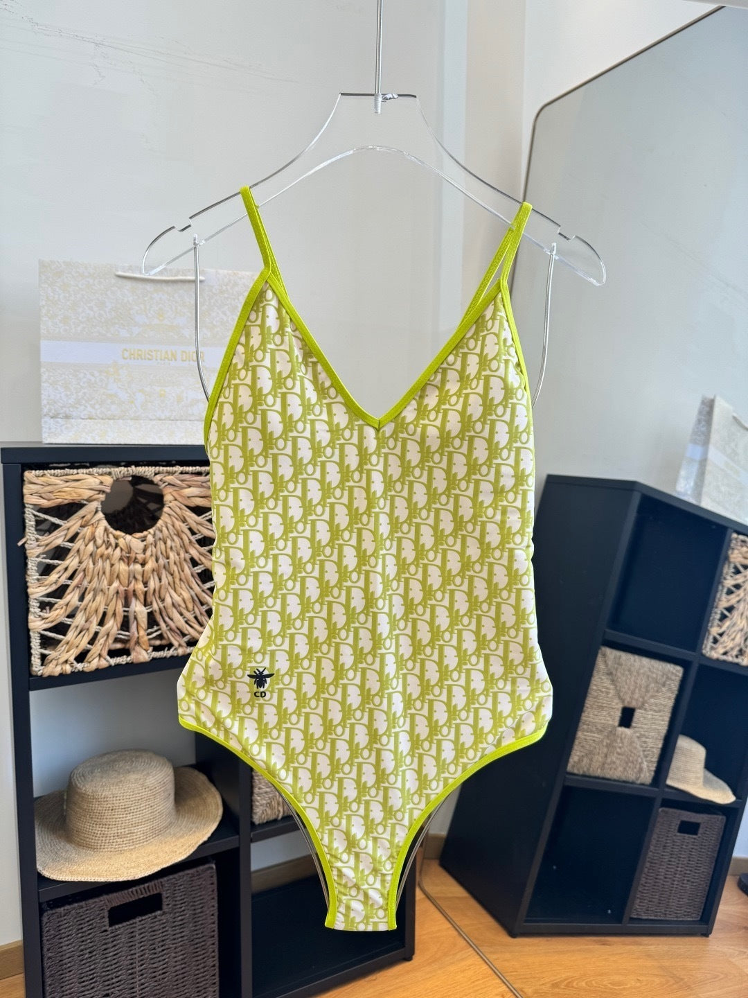 LIME MONOGRAM V-NECK ONE-PIECE SWIMSUIT