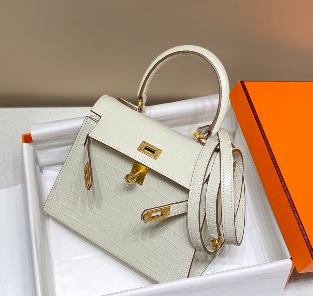 LUXURY WHITE CROCODILE EMBOSSED MINI TOP HANDLE HANDBAG WITH GOLD HARDWARE