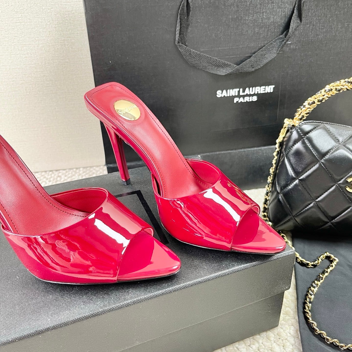 RED PATENT OPEN-TOE MULE HEELS