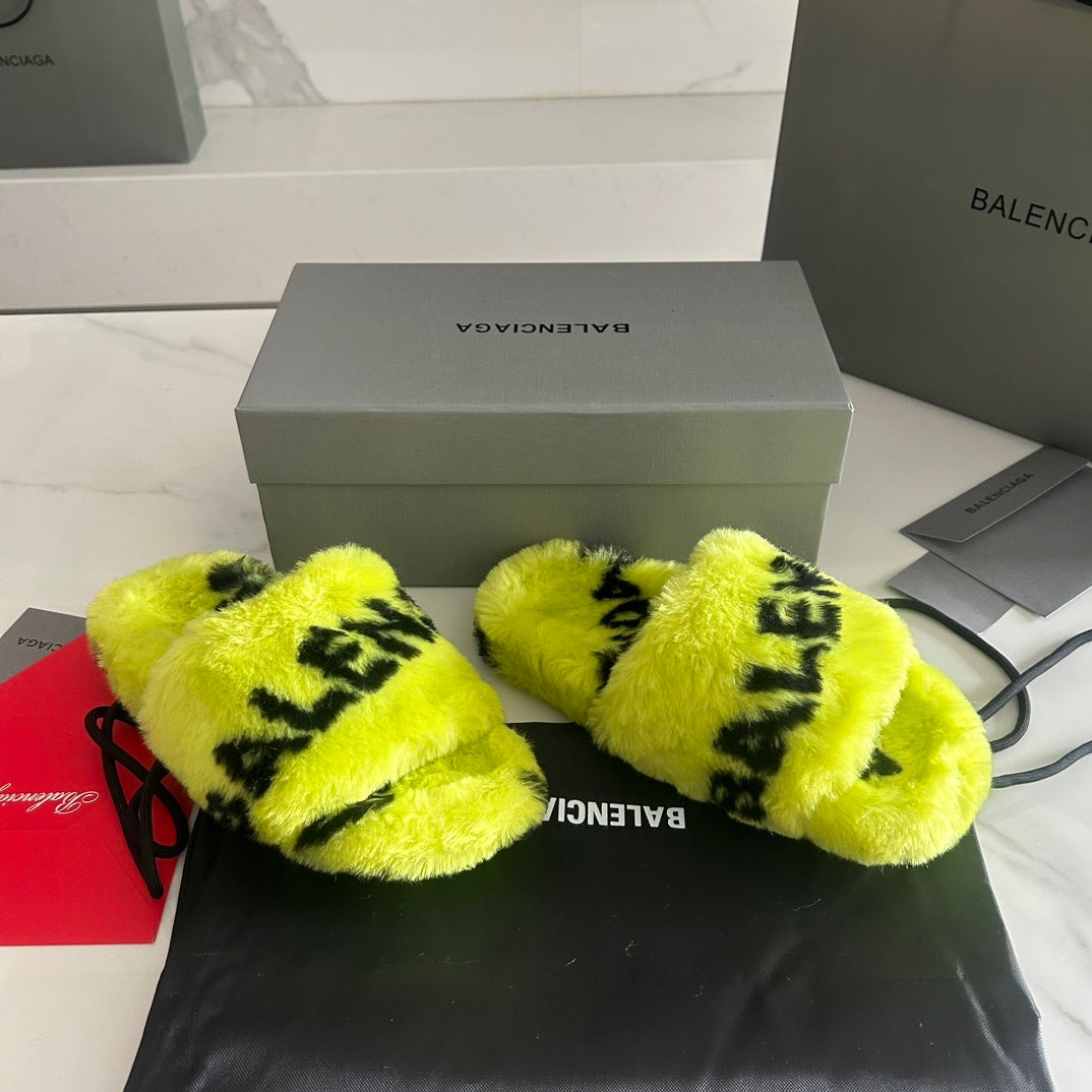 NEON YELLOW FAUX FUR LOGO SLIDE SANDALS