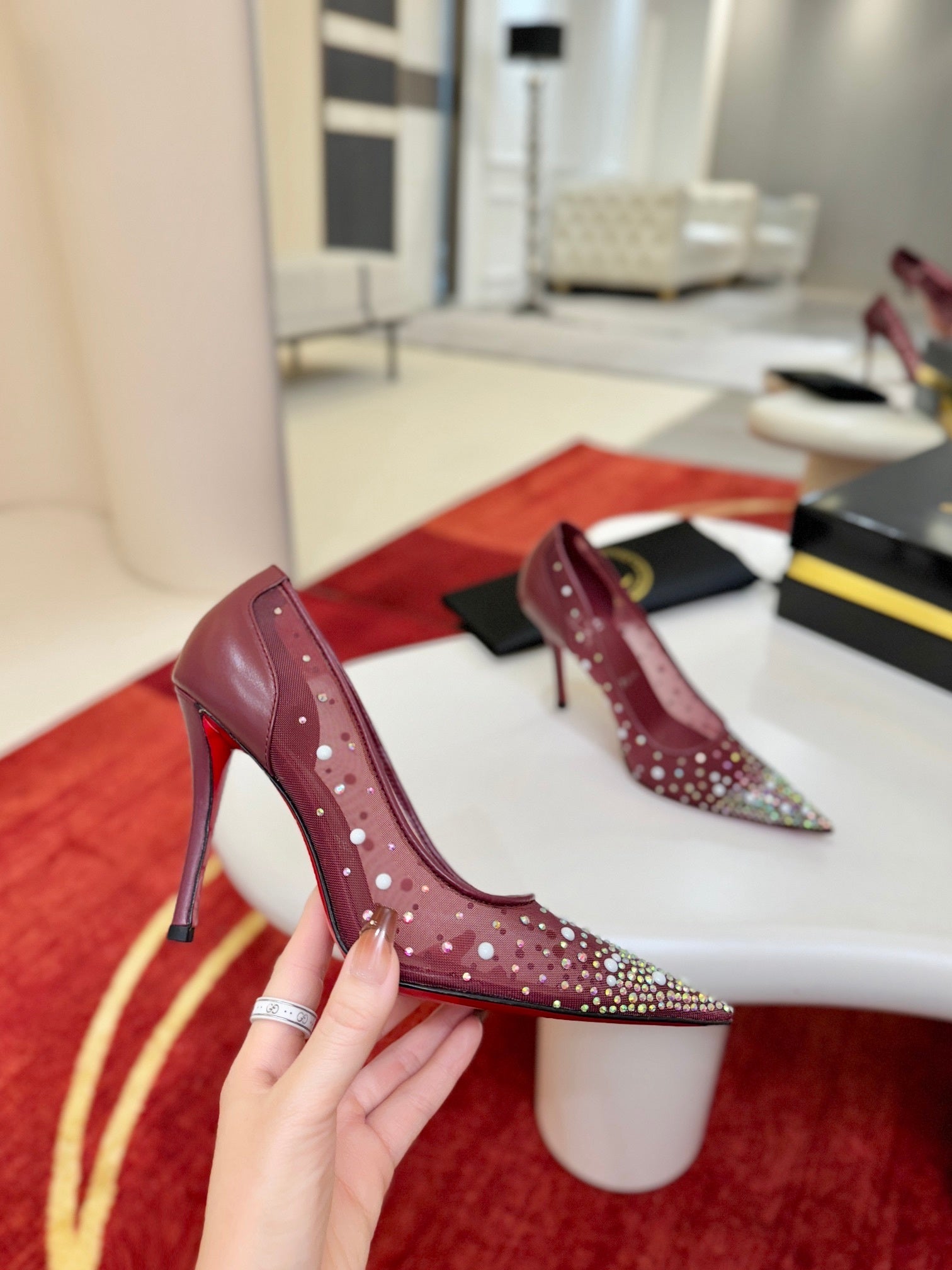 BURGUNDY RHINESTONE MESH PUMPS