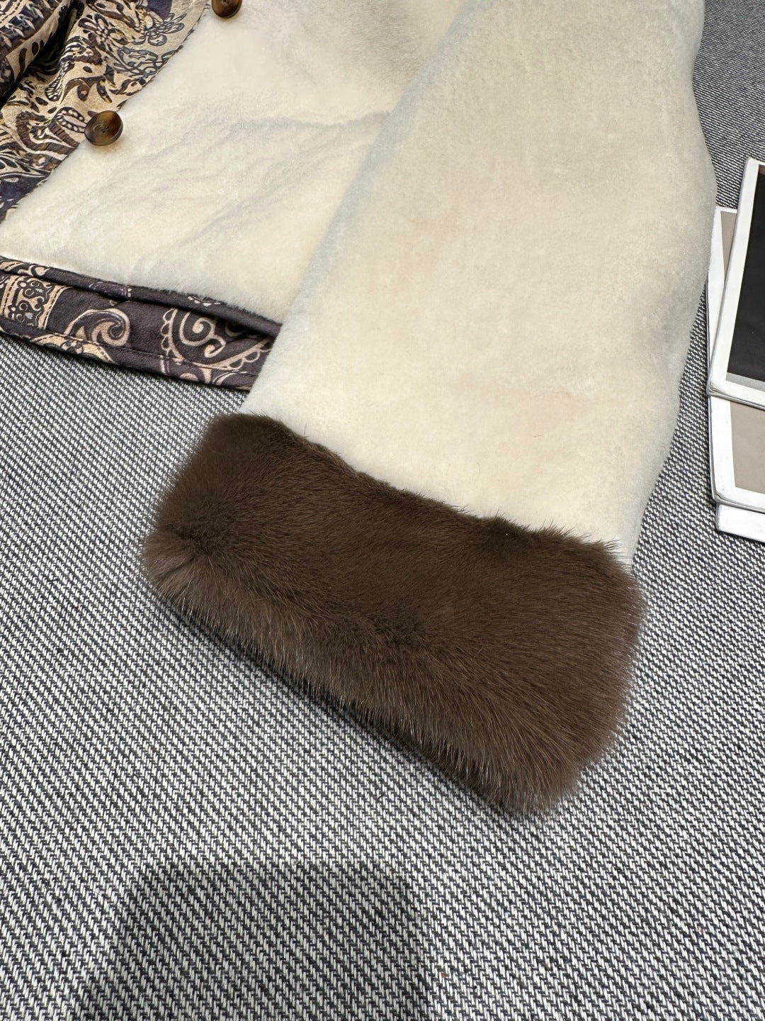 IVORY SOFT-SHEARLING JACKET WITH PATTERNED TRIM DETAILS