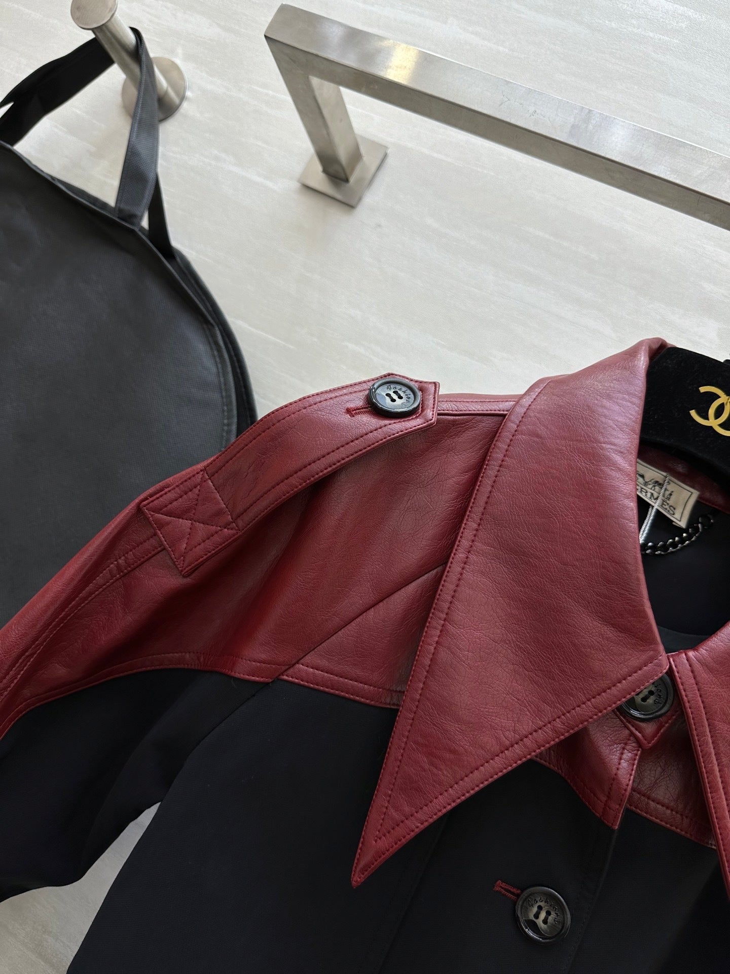 TWO-TONE BELTED LONG COAT WITH LEATHER ACCENTS