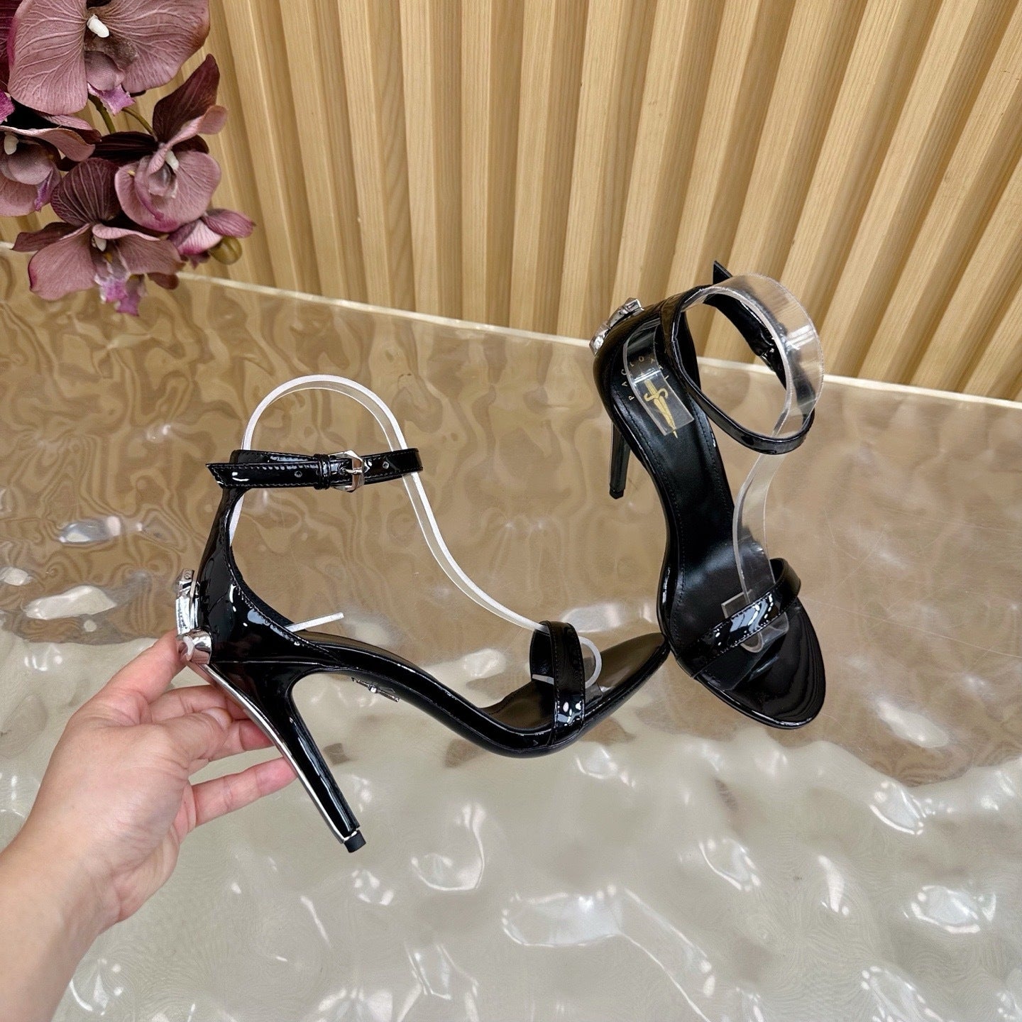 PATENT BLACK STILETTO SANDALS – CLASSIC GLAM EDITION