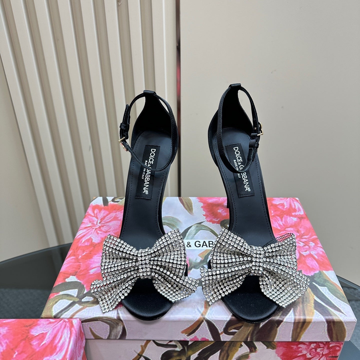 BLACK SATIN CRYSTAL BOW STILETTO HEELS