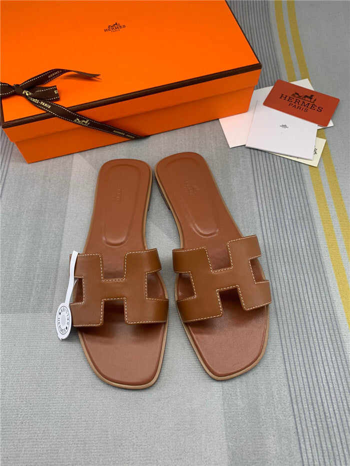 CARAMEL TAN H-CUT LEATHER SLIDE