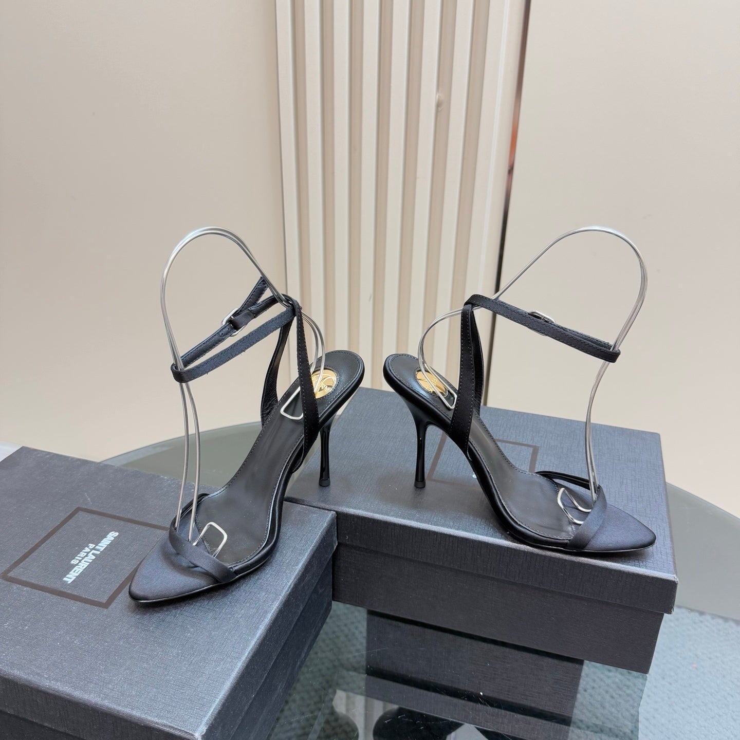 BLACK MINIMAL STRAP ANKLE HEEL SANDALS
