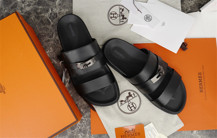 MINIMAL BUCKLE STRAP LEATHER SLIDE SANDALS