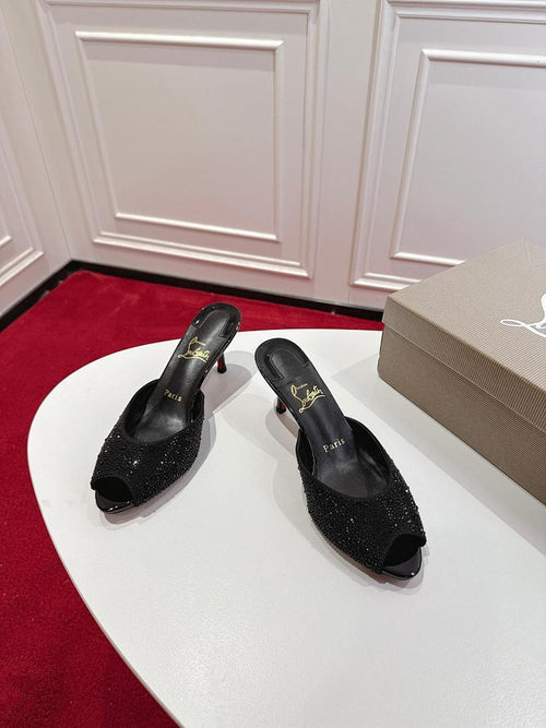 BLACK CRYSTAL OPEN-TOE MULE HEELS