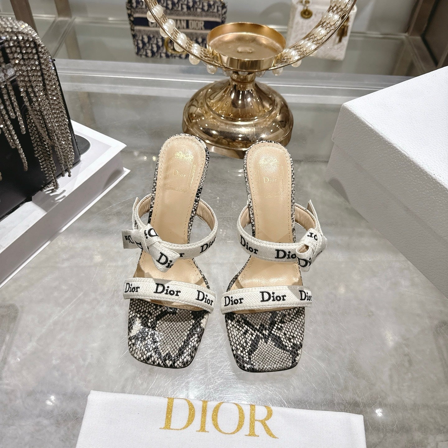 SNAKESKIN PRINT LOGO STRAP BOW HEEL SANDALS