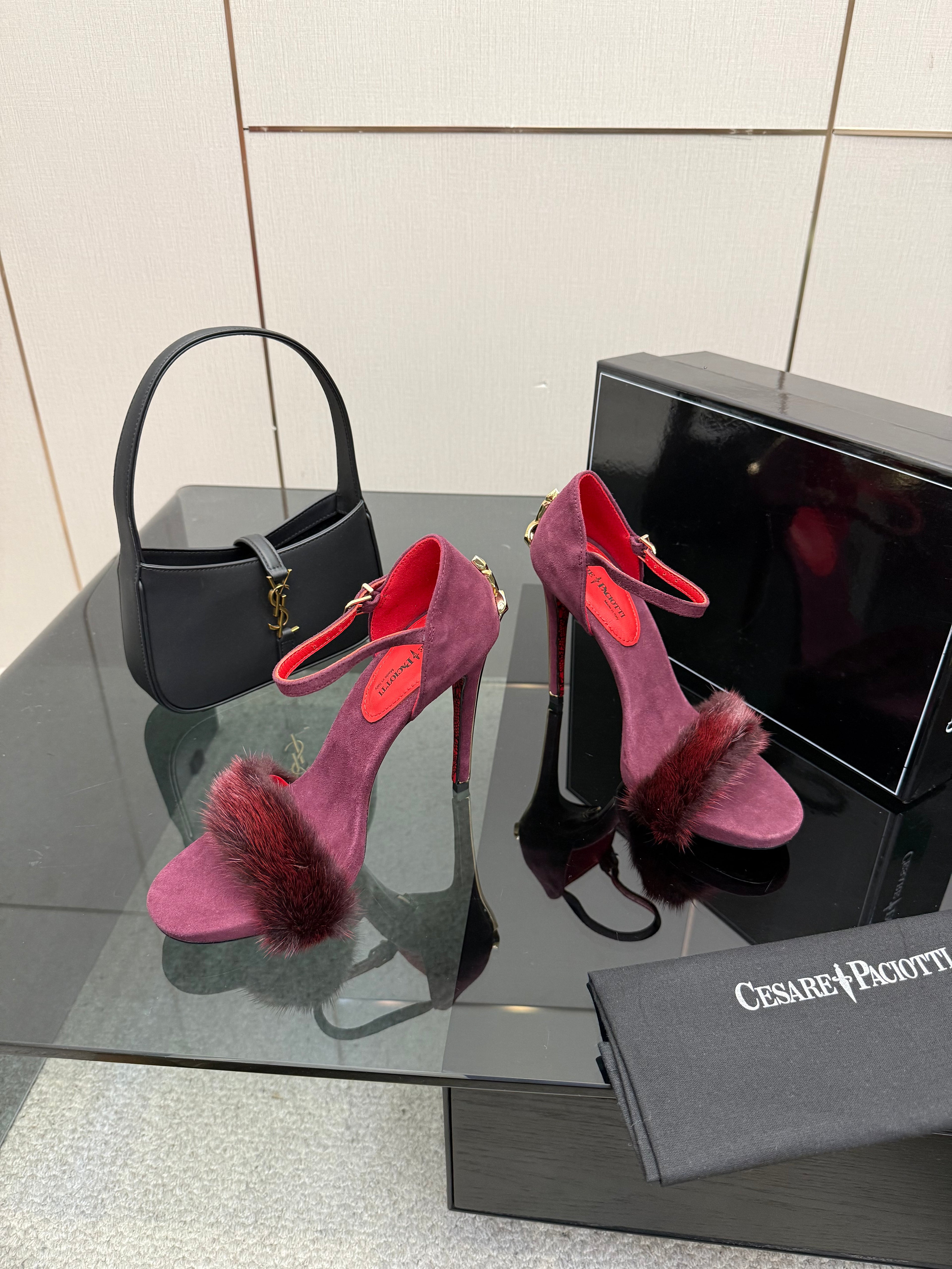 SUEDE FUR-TRIM STILETTO SANDALS – PLUM WINE EDITION