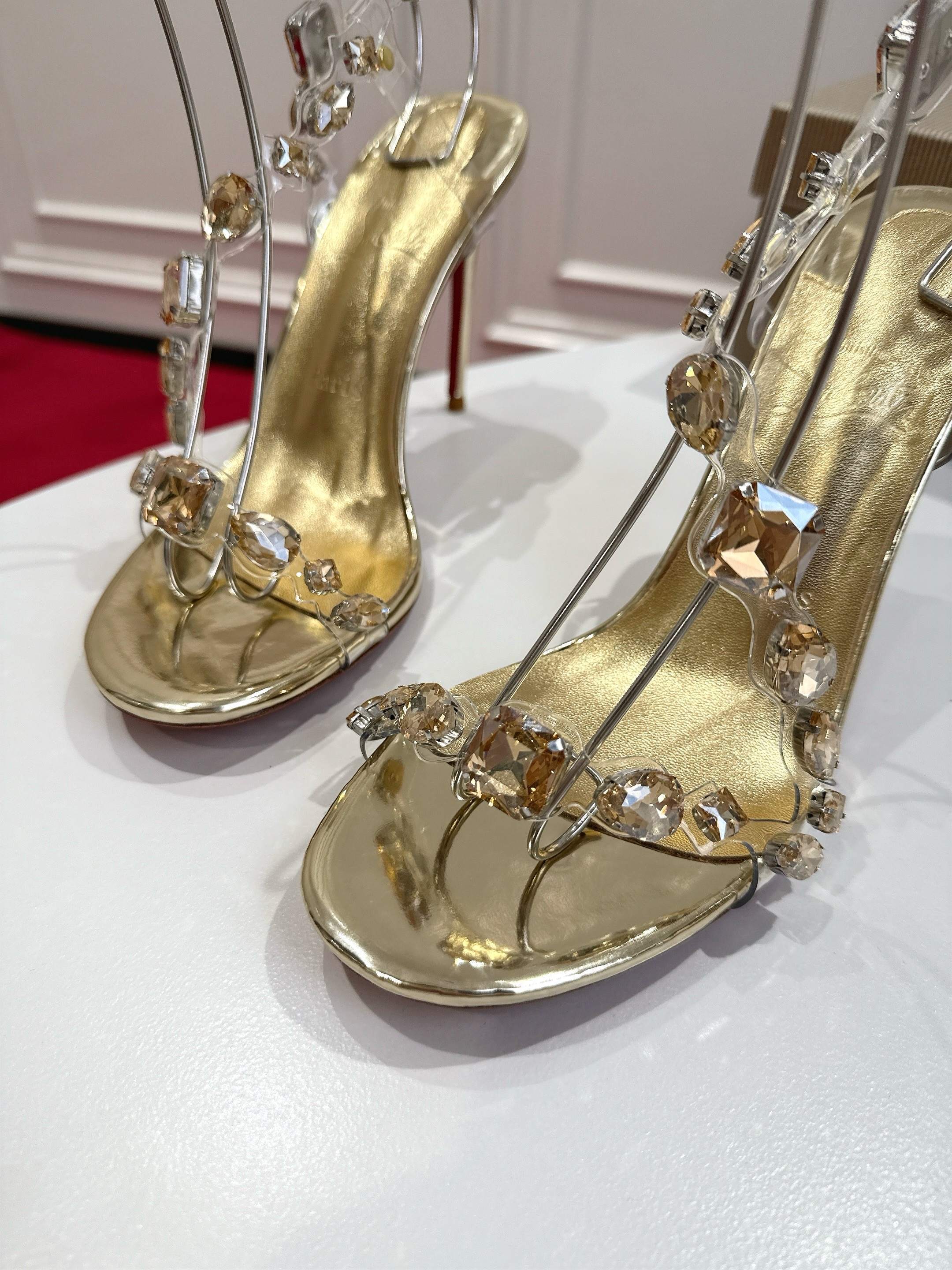 GOLD EMBELLISHED CRYSTAL STRAPPY STILETTO SANDALS