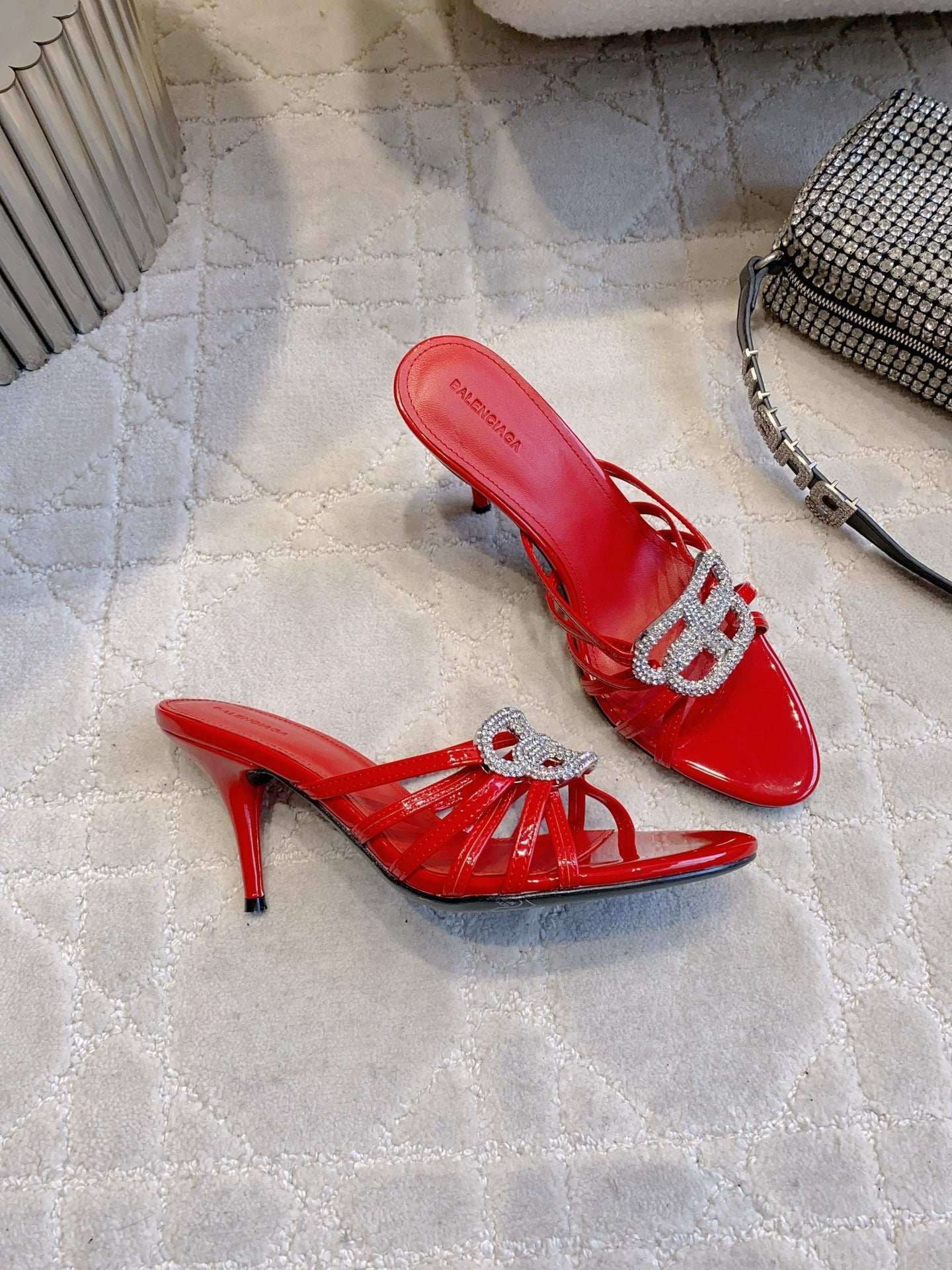 CRYSTAL EMBELLISHED RED STRAPPY HEELS