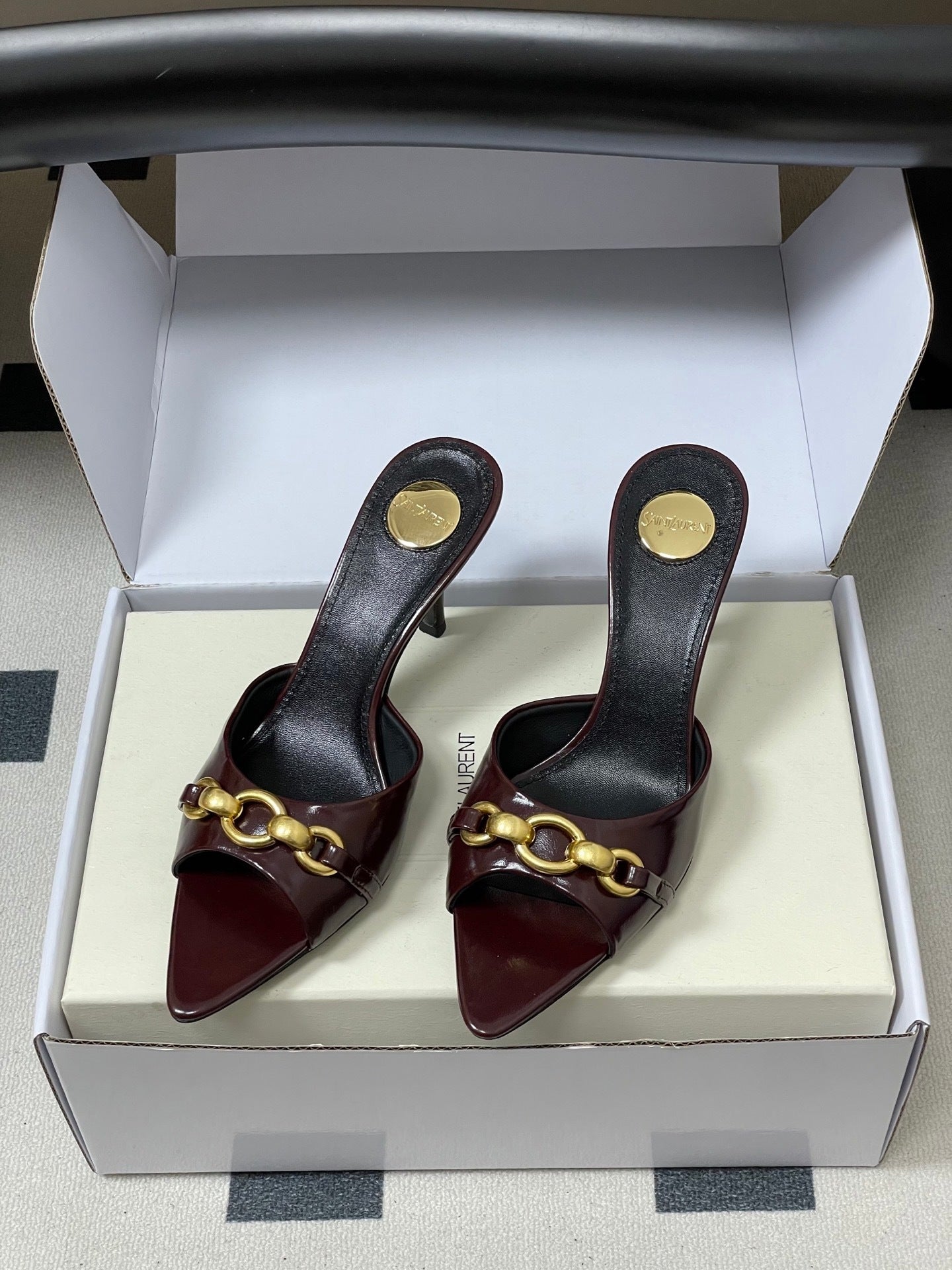 BURGUNDY POINTED TOE MULE HEELS WITH GOLD DETAIL