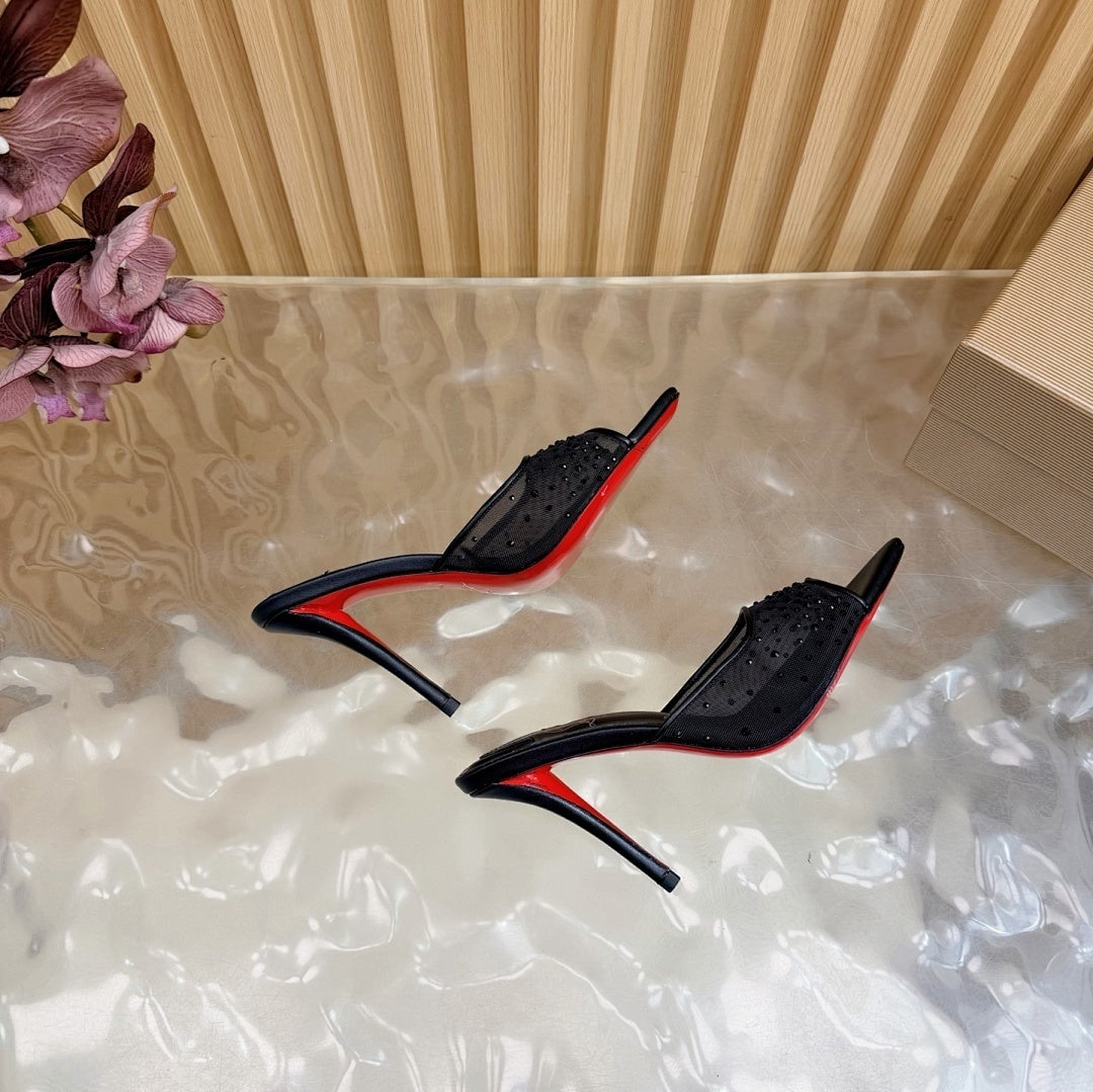 BLACK RHINESTONE MULE HEELS