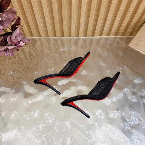 BLACK RHINESTONE MULE HEELS