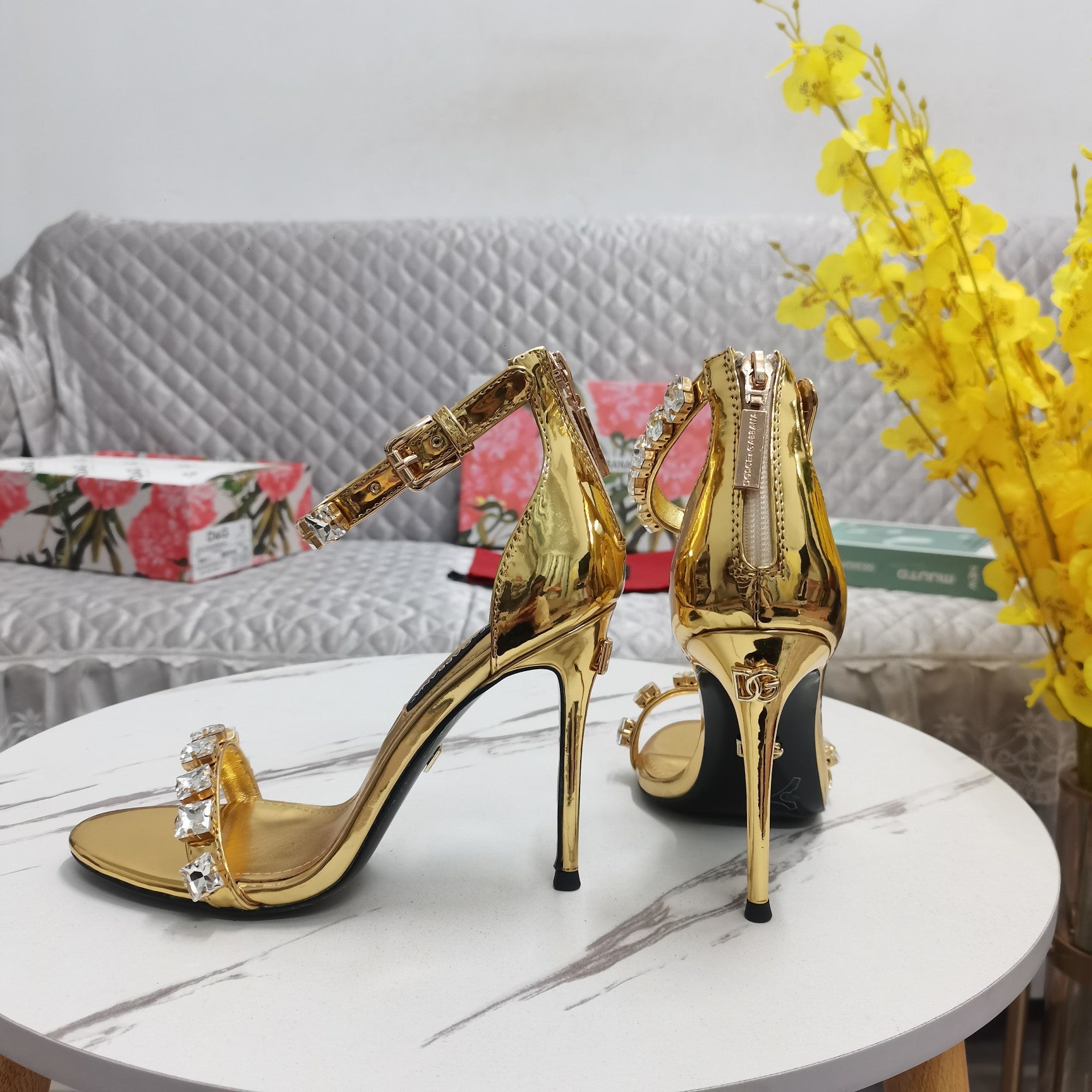 GOLD METALLIC STRAPPY HEEL SANDALS WITH CRYSTAL EMBELLISHMENTS