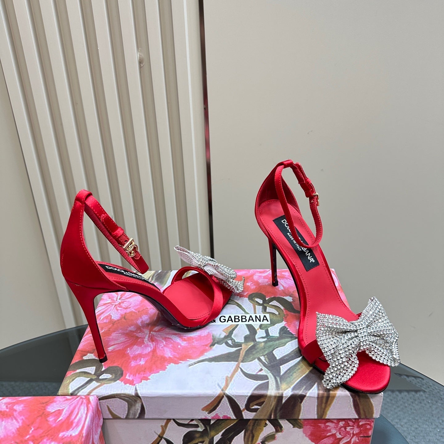 RED SATIN BOW CRYSTAL-EMBELLISHED STILETTO HEELS