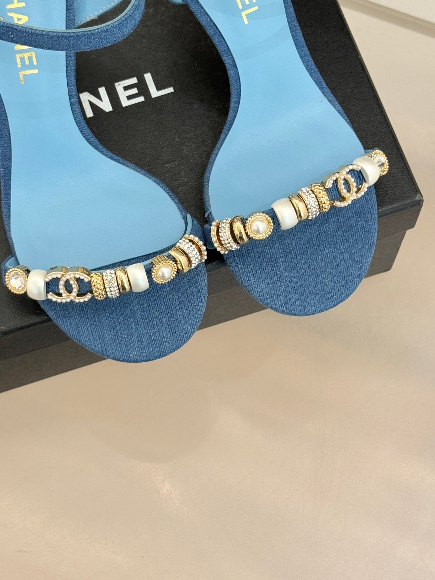 BLUE EMBELLISHED STRAPPY HEEL SANDALS