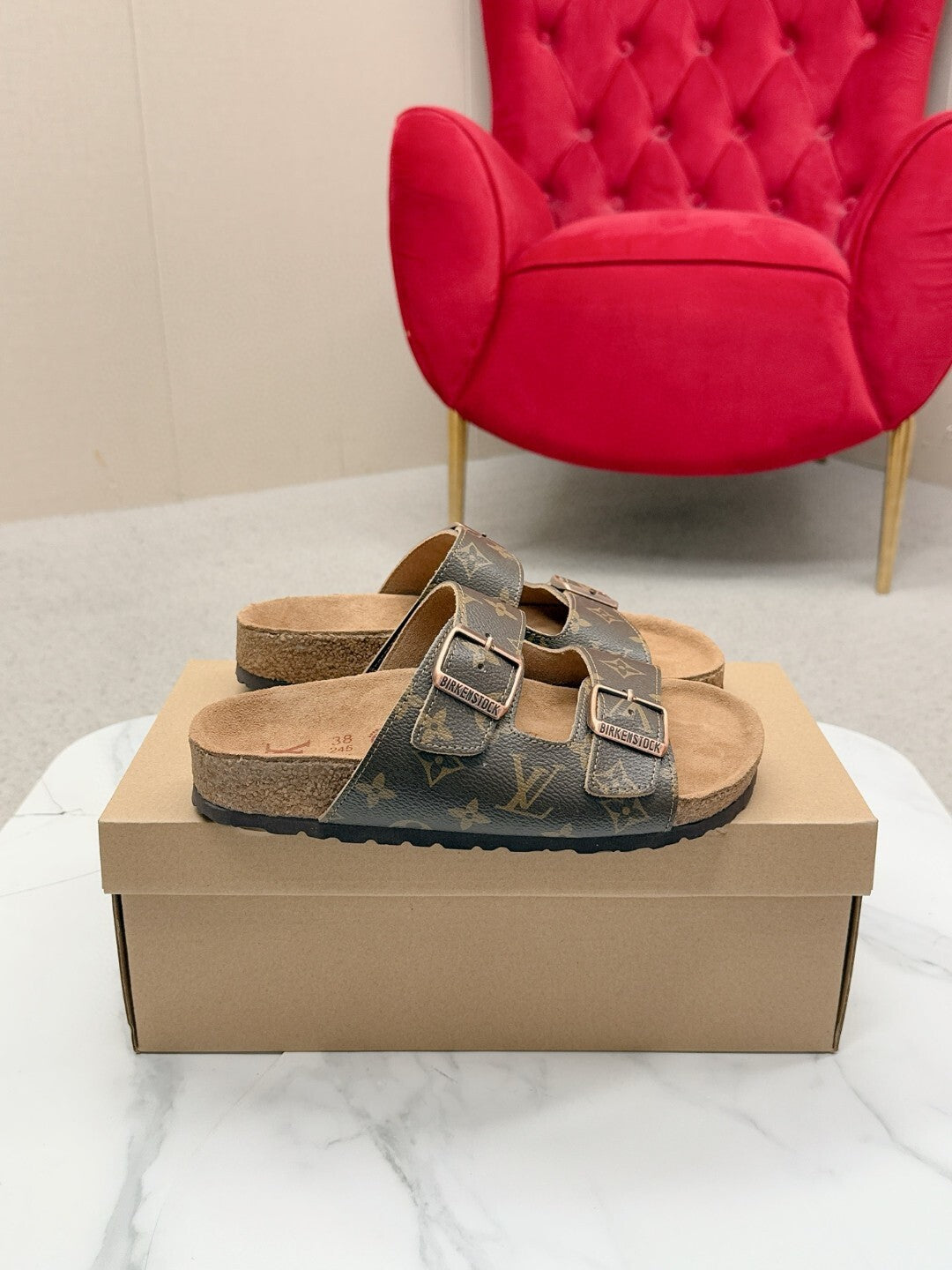 BROWN MONOGRAM DOUBLE-STRAP BUCKLE SLIDE SANDALS