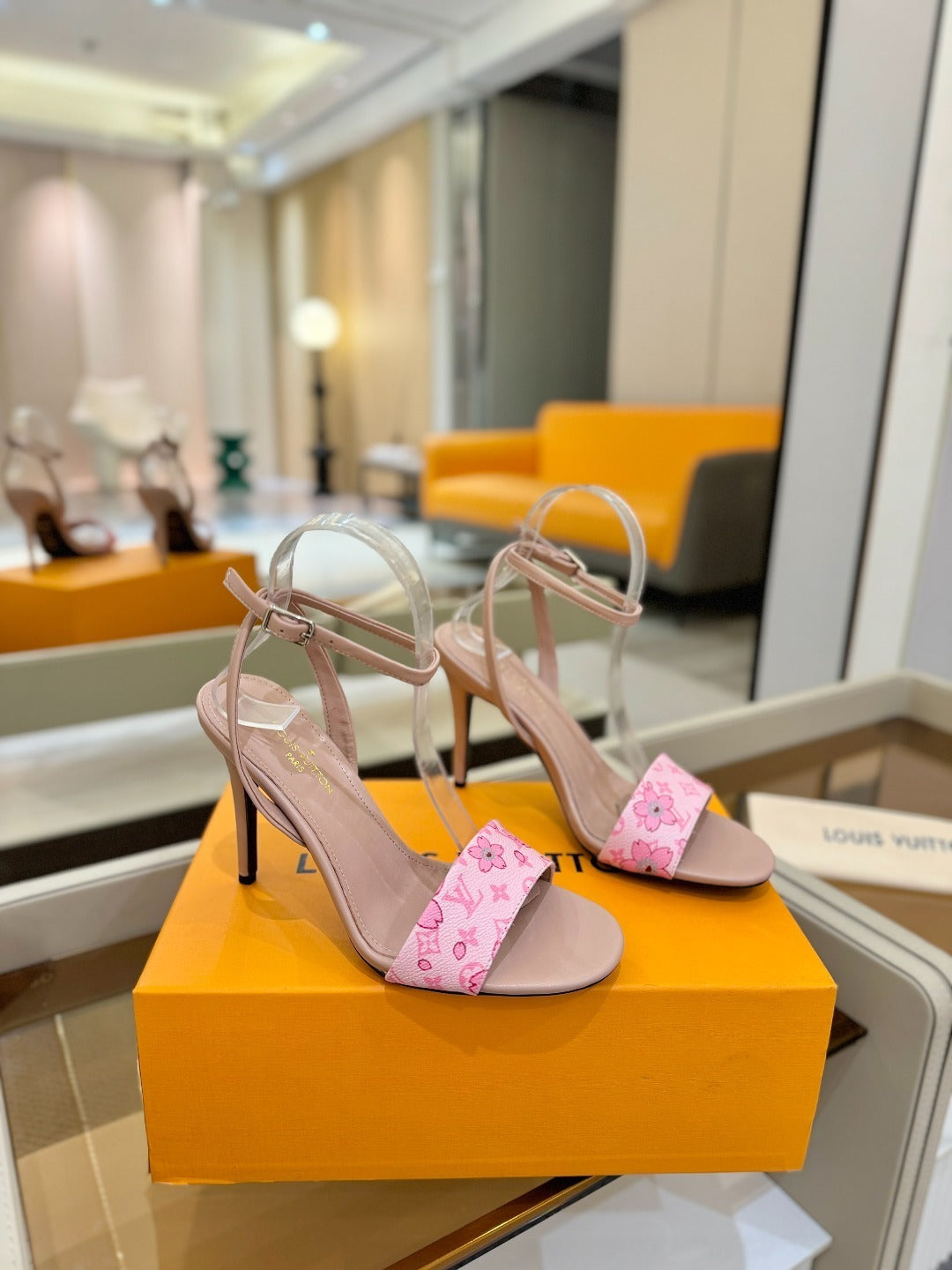 FLORAL PRINT STRAP STILETTO SANDALS – BLUSH PINK
