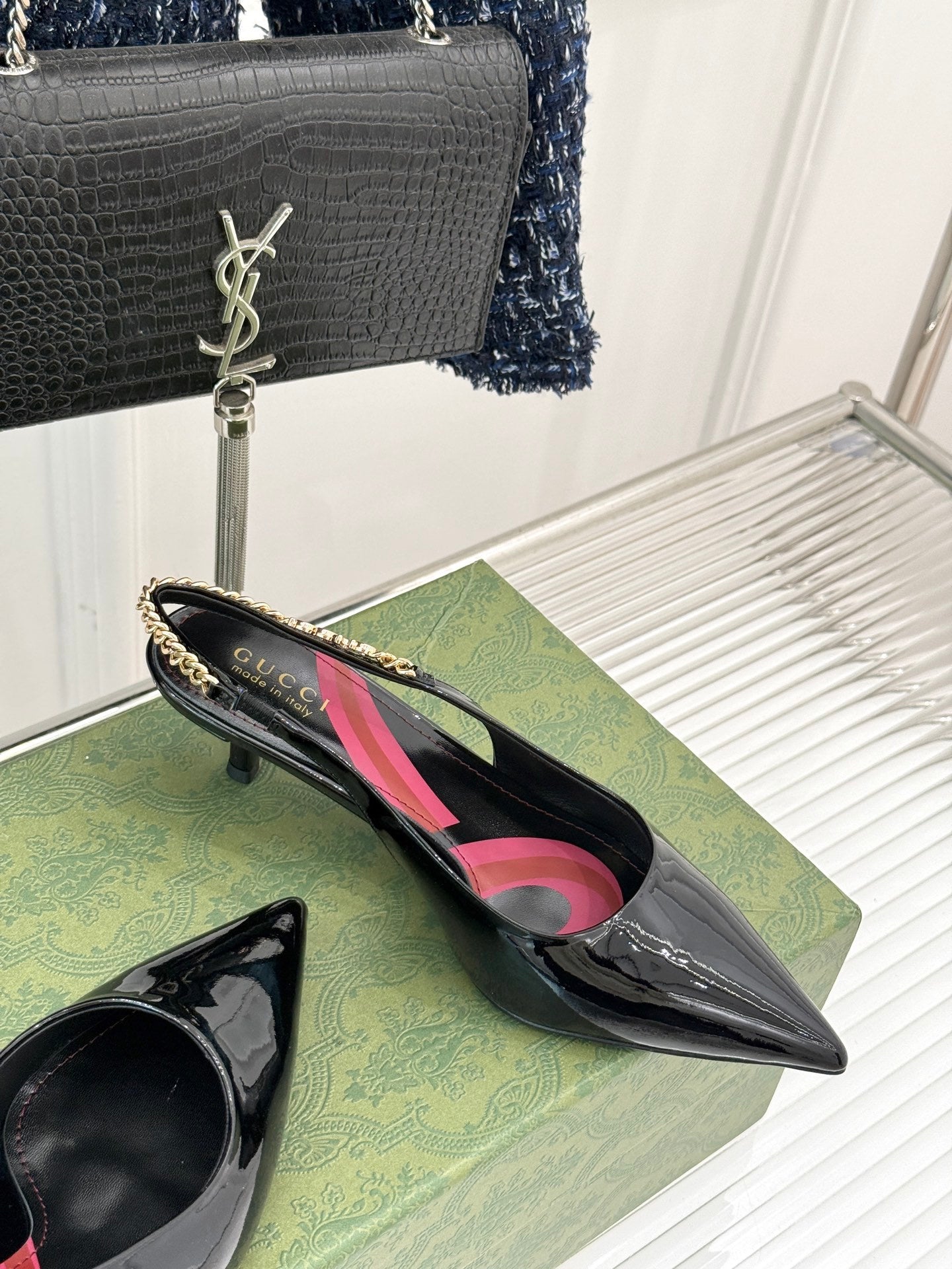 BLACK PATENT CHAIN SLINGBACK HEELS