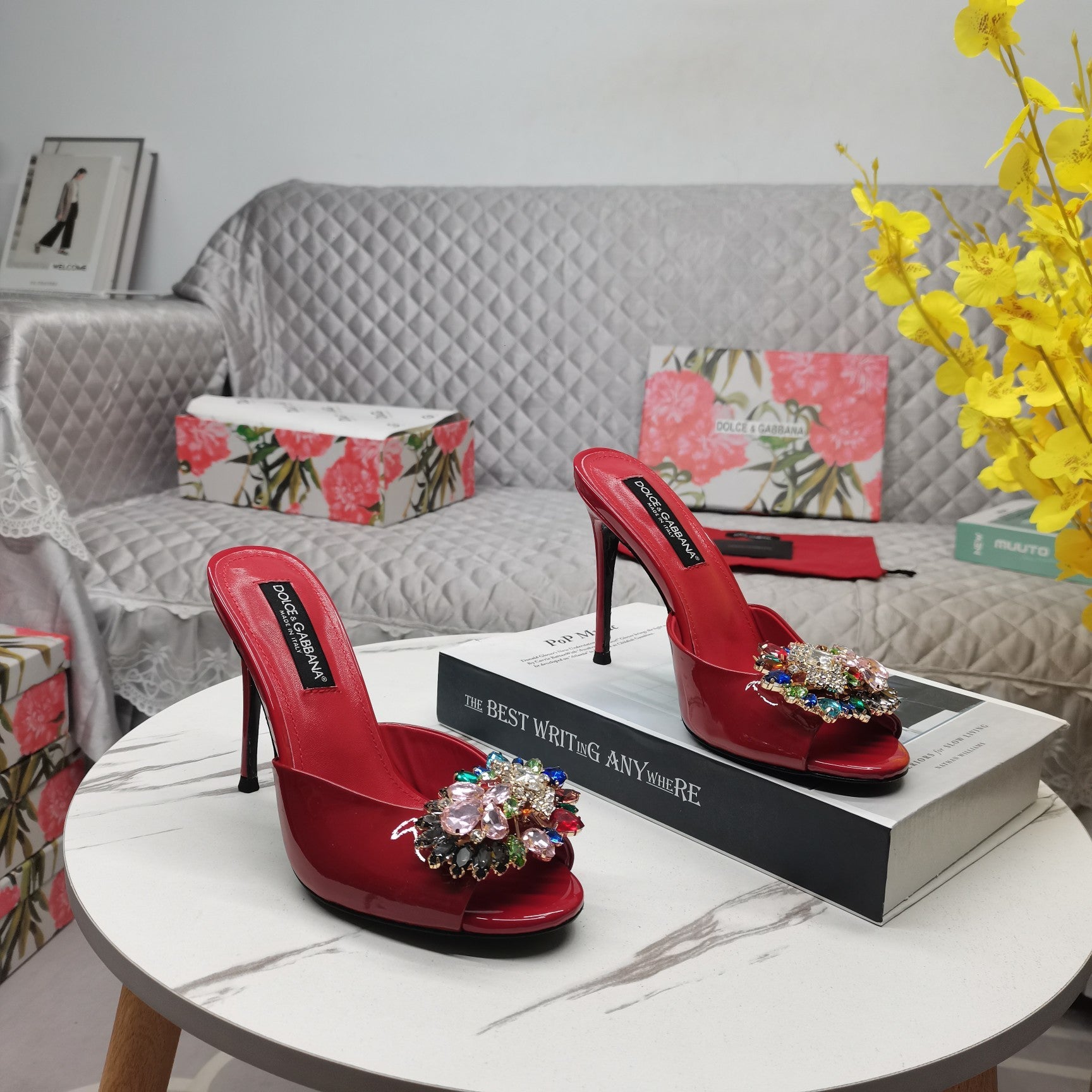 RED GLOSSY MULE HEEL SANDALS WITH MULTICOLOR CRYSTAL EMBELLISHMENT