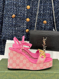 PINK MONOGRAM PLATFORM WEDGE SANDALS