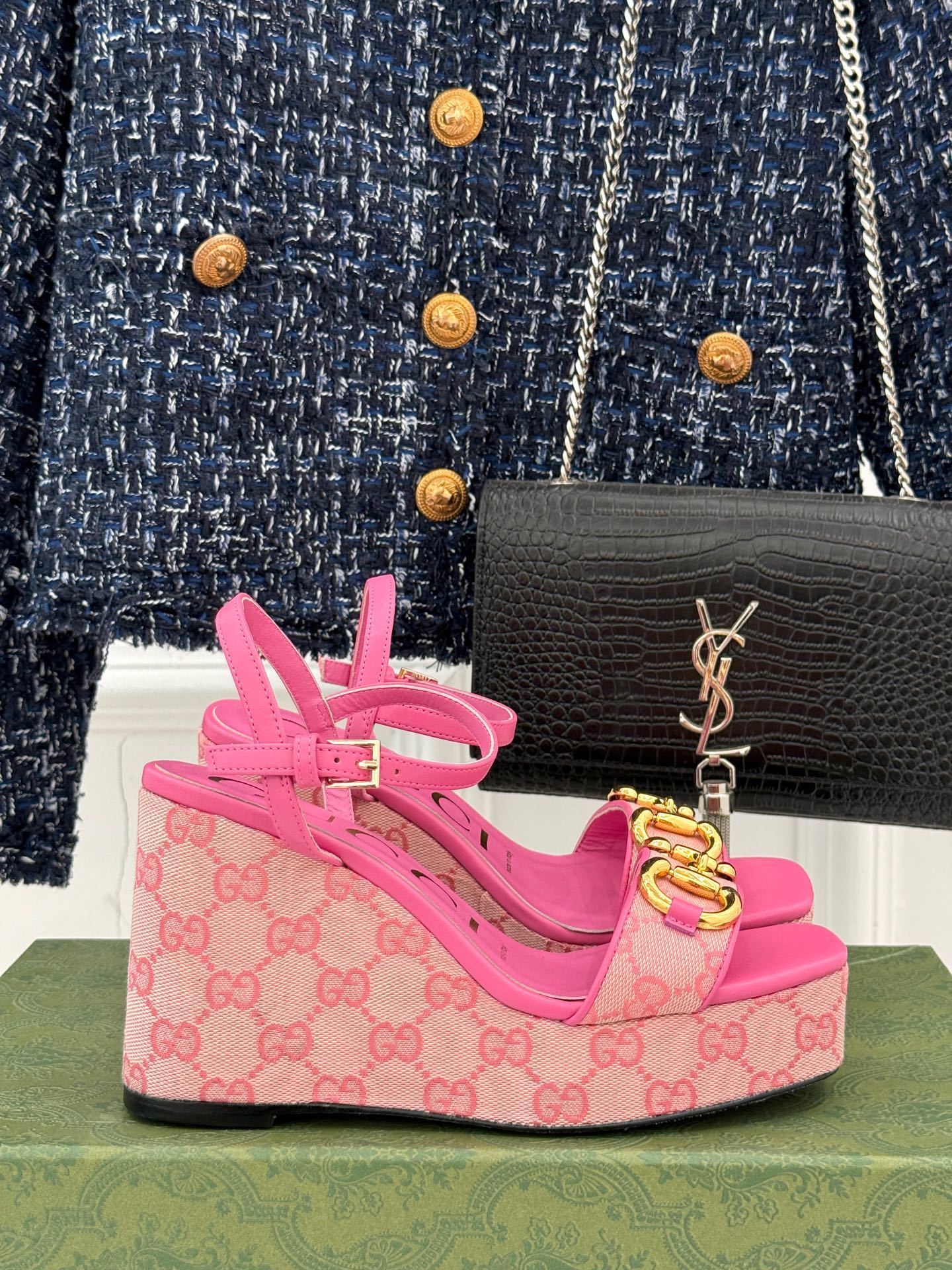 PINK MONOGRAM PLATFORM WEDGE SANDALS