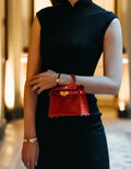 LUXURY RED CROCODILE EMBOSSED MINI TOP HANDLE EVENING BAG WITH GOLD HARDWARE