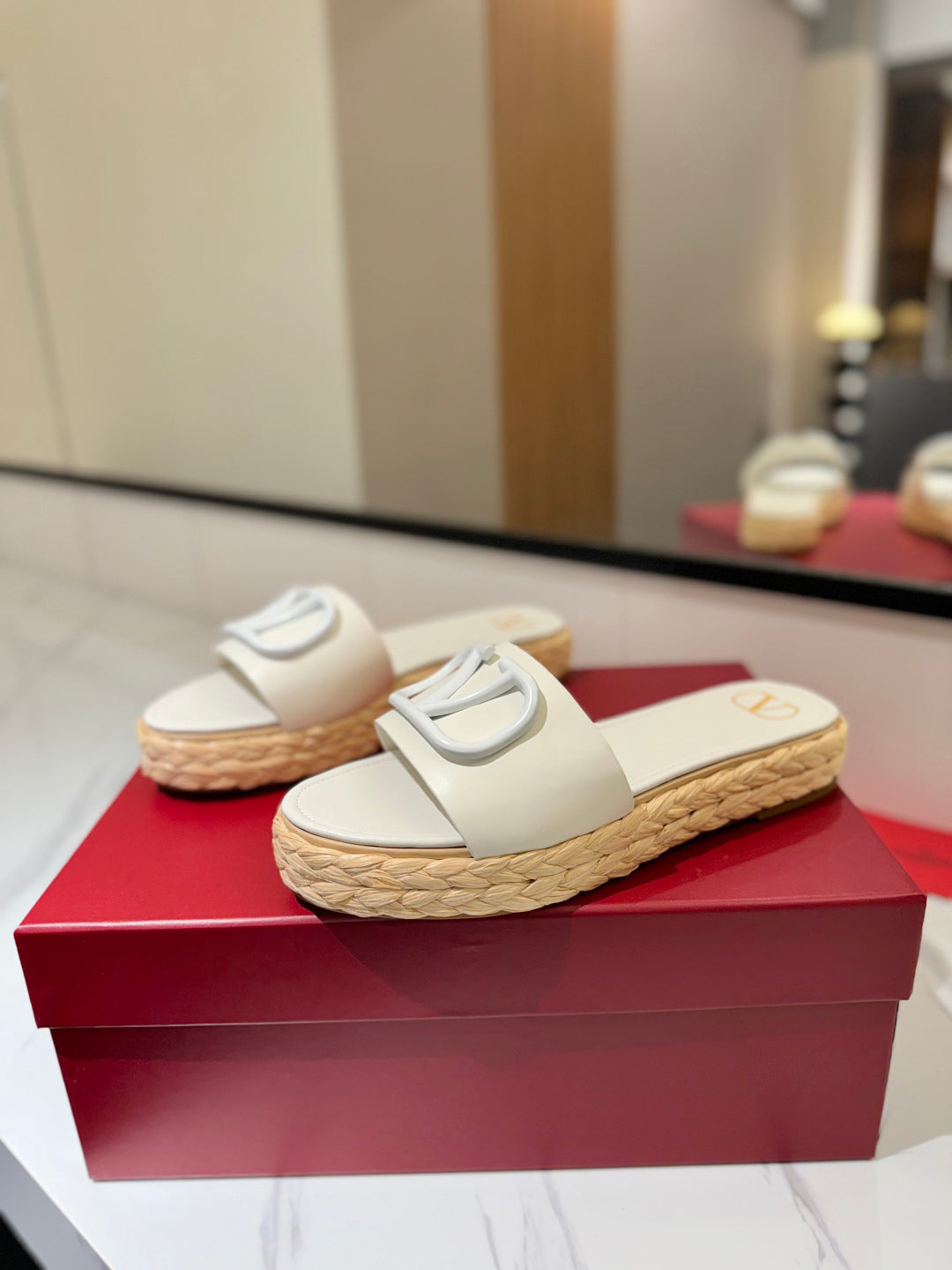 PLATFORM SLIDE SANDALS – WHITE WITH BRAIDED SOLE