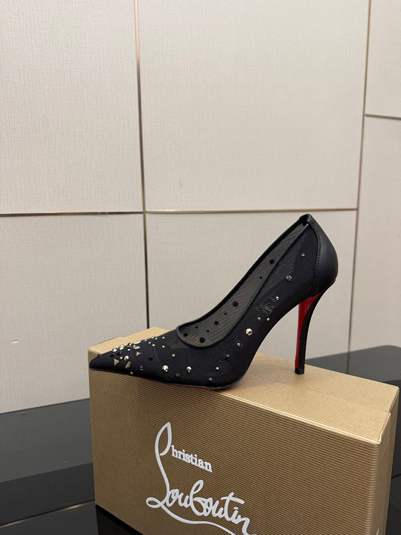 BLACK RHINESTONE MESH PUMPS