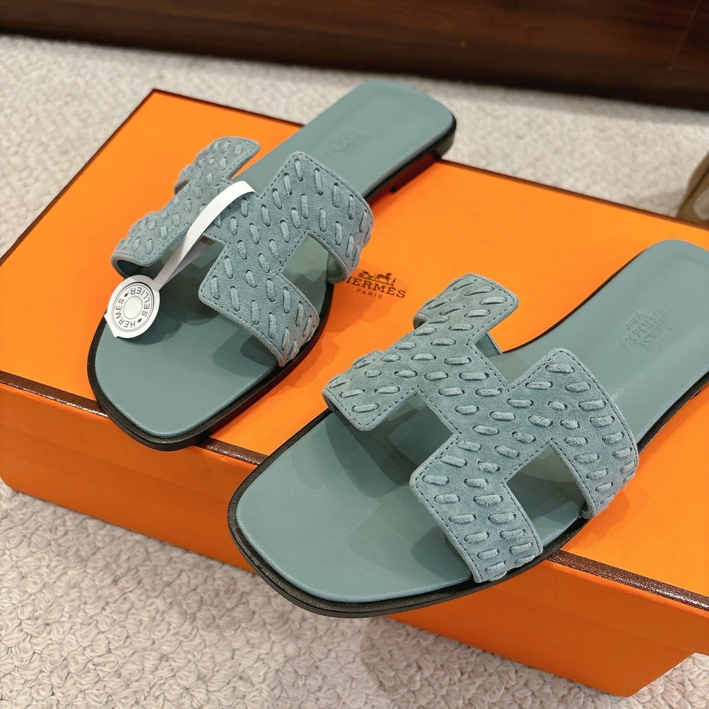 SOFT GREEN SUEDE SLIDE SANDALS