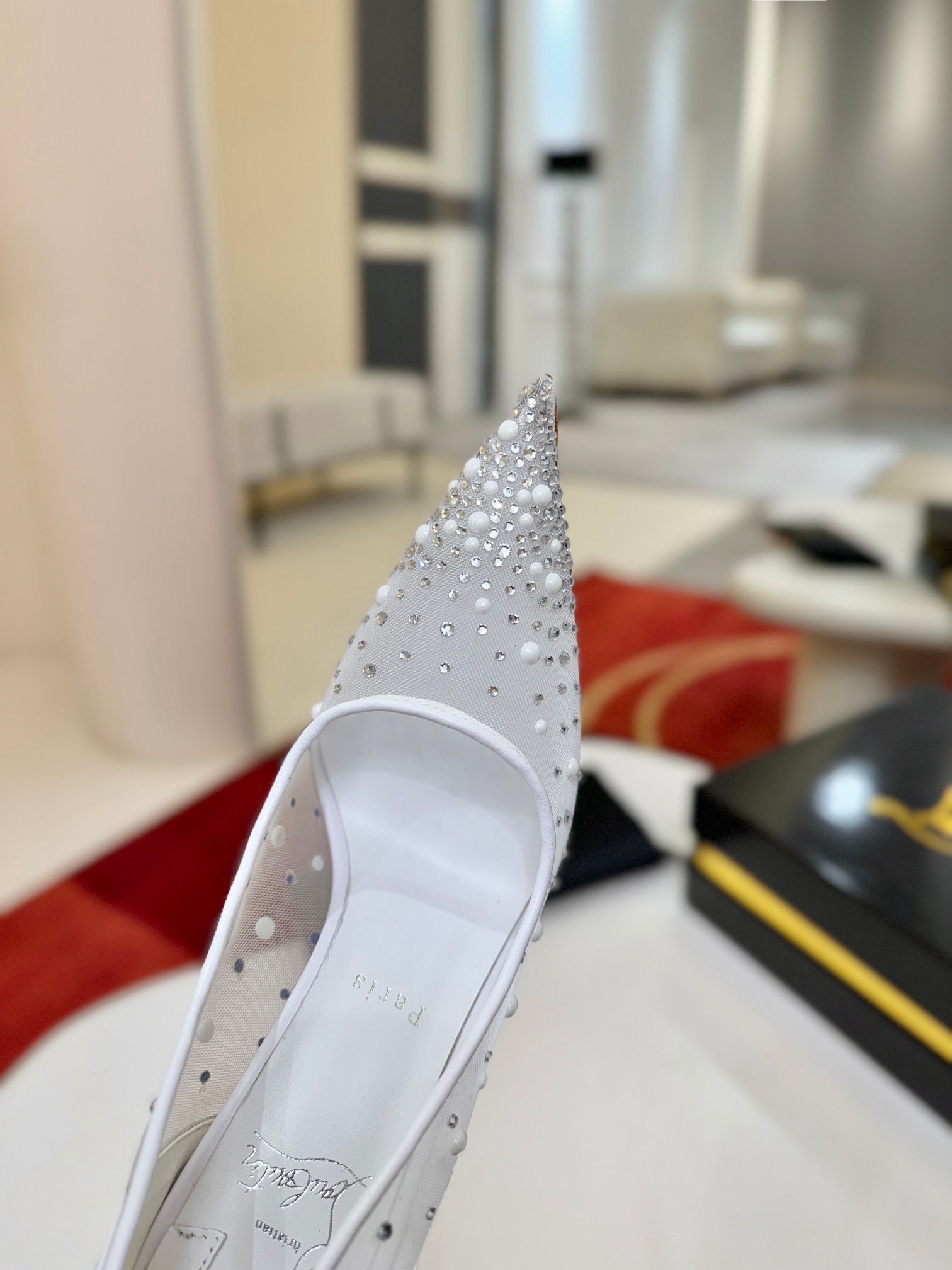 WHITE RHINESTONE POINTED HEELS