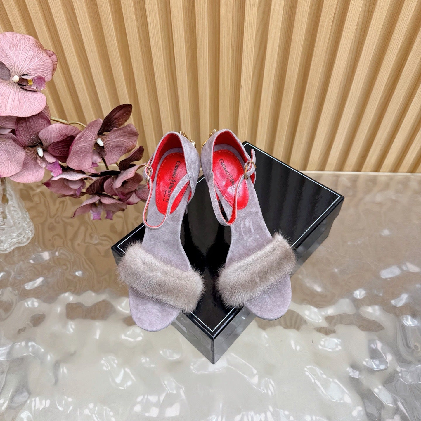 LUXE FUR STILETTO HEELS – GREY & RED EDITION