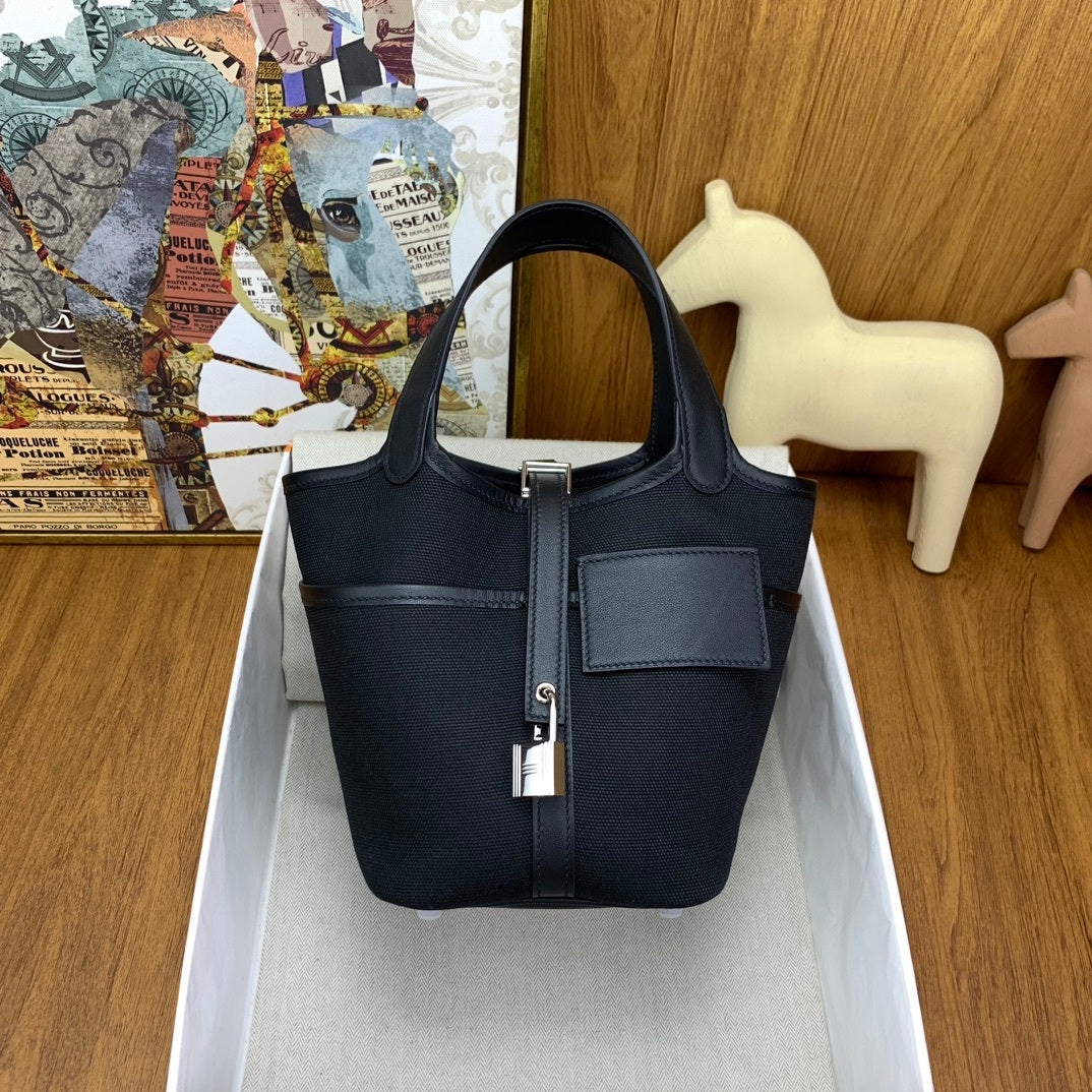LUXURY BLACK CANVAS & LEATHER MINI PICOTIN STYLE HANDBAG
