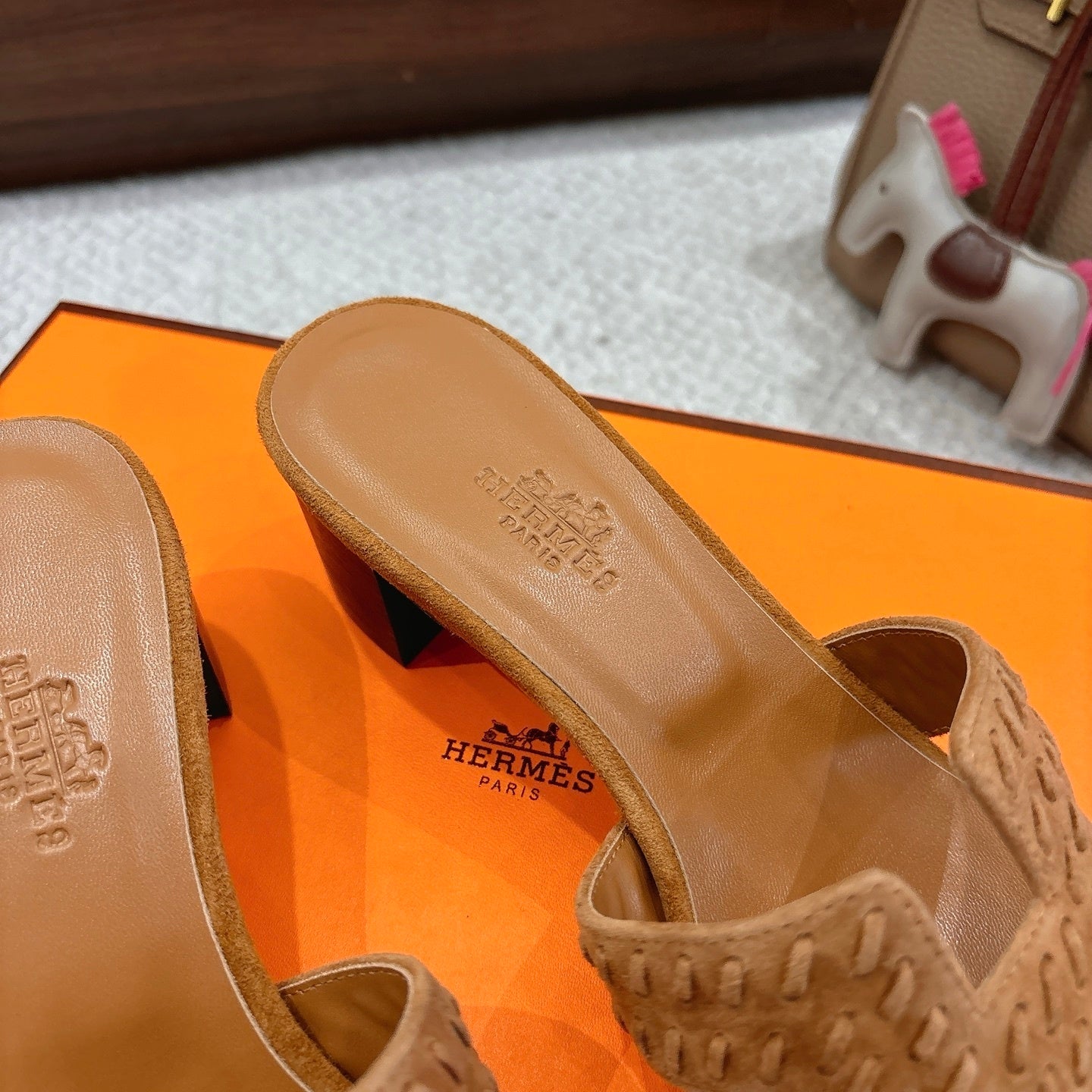 TAN SUEDE HEELED SLIDE SANDALS