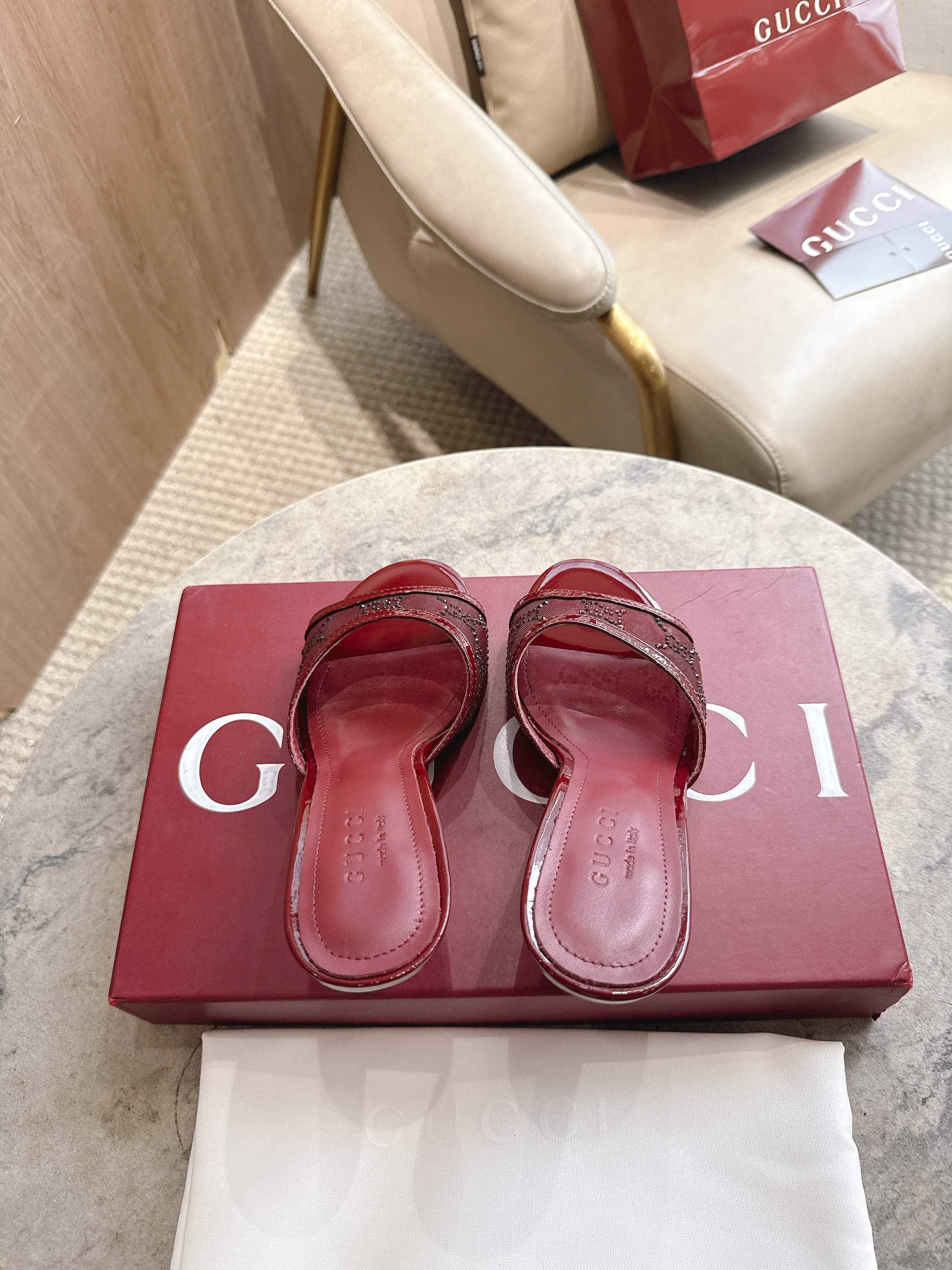 RED EMBELLISHED HEELED MULE SANDALS