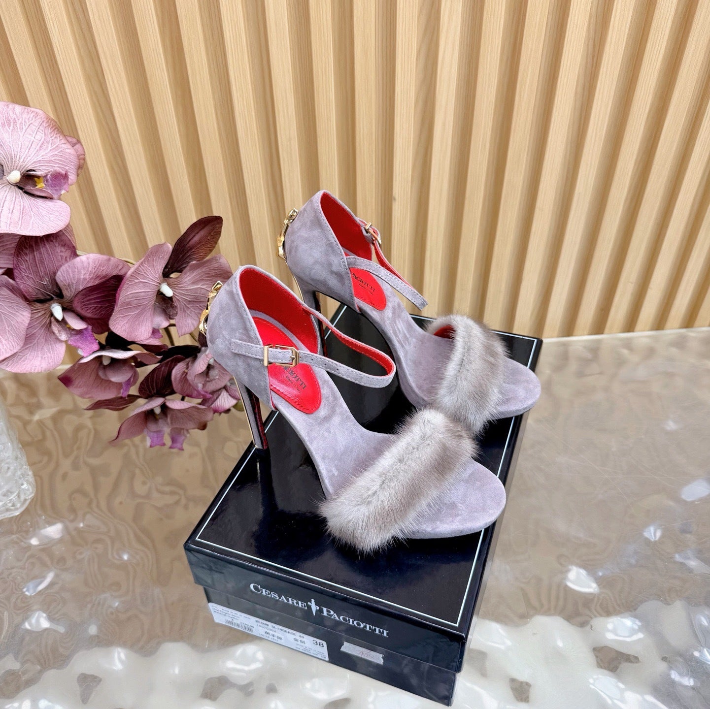 LUXE FUR STILETTO HEELS – GREY & RED EDITION