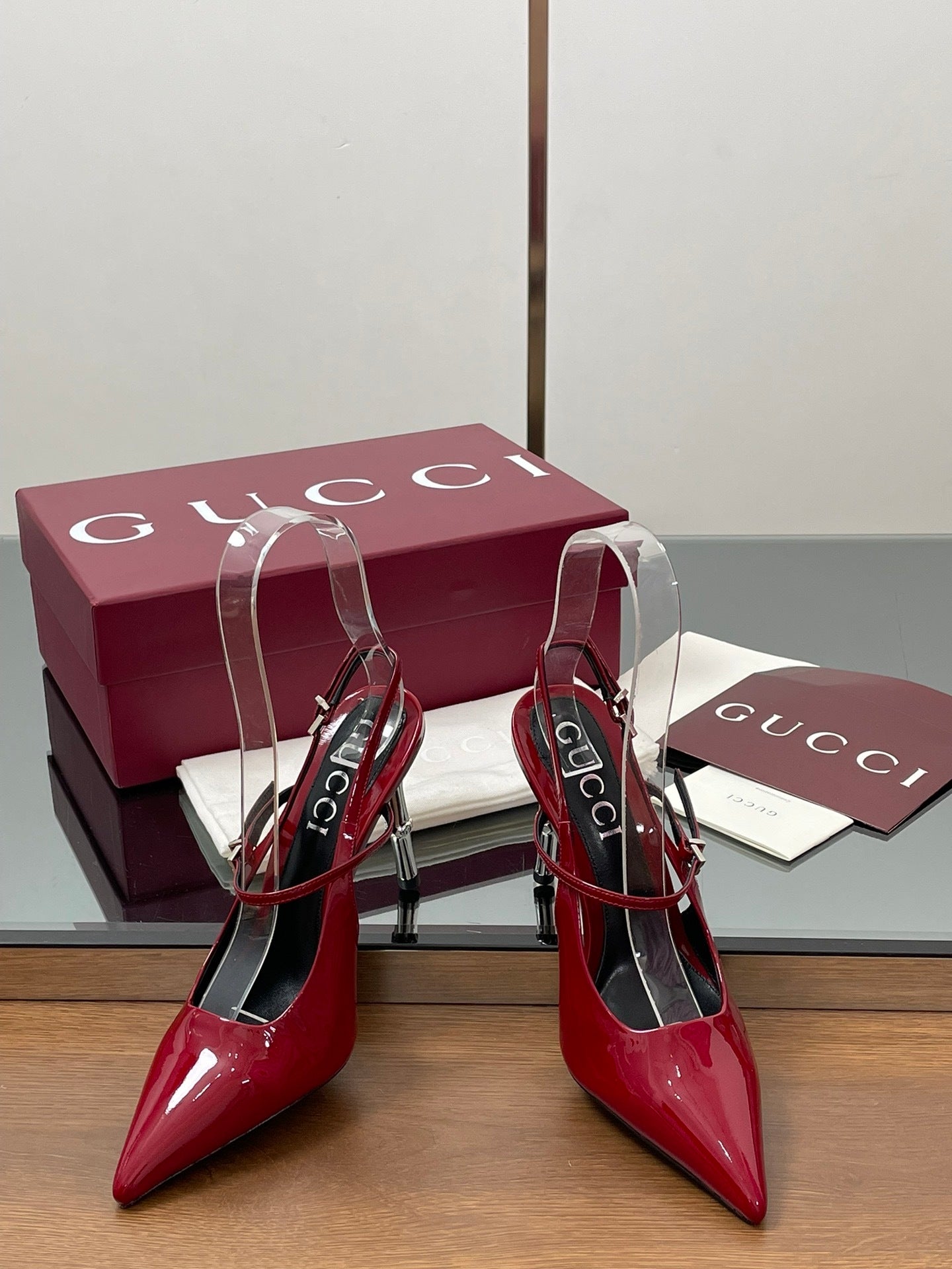RED PATENT POINTED TOE SLINGBACK HEELS WITH METALLIC HEEL