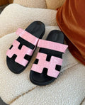 PINK CROCODILE TEXTURE DOUBLE STRAP SLIDES