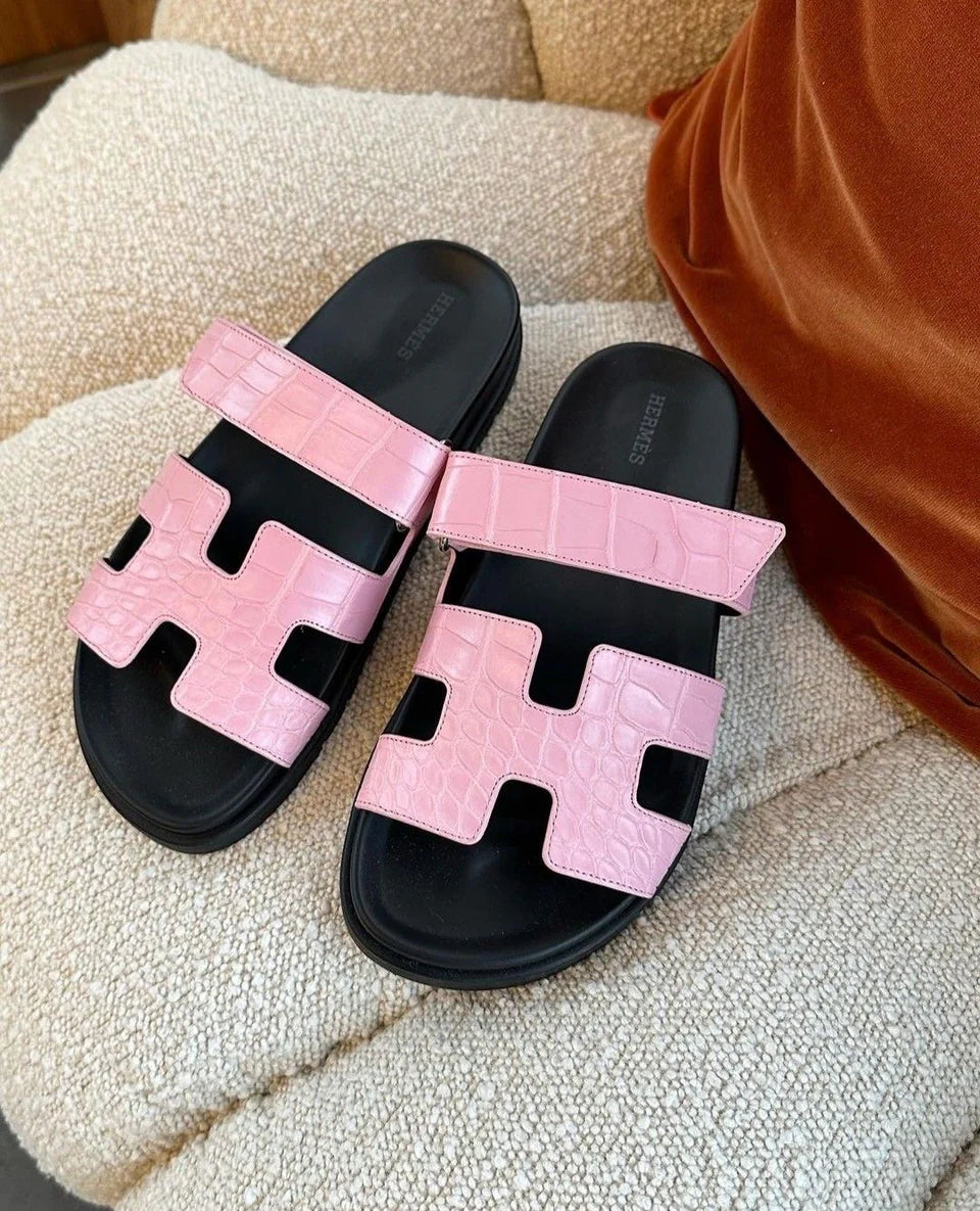 PINK CROCODILE TEXTURE DOUBLE STRAP SLIDES