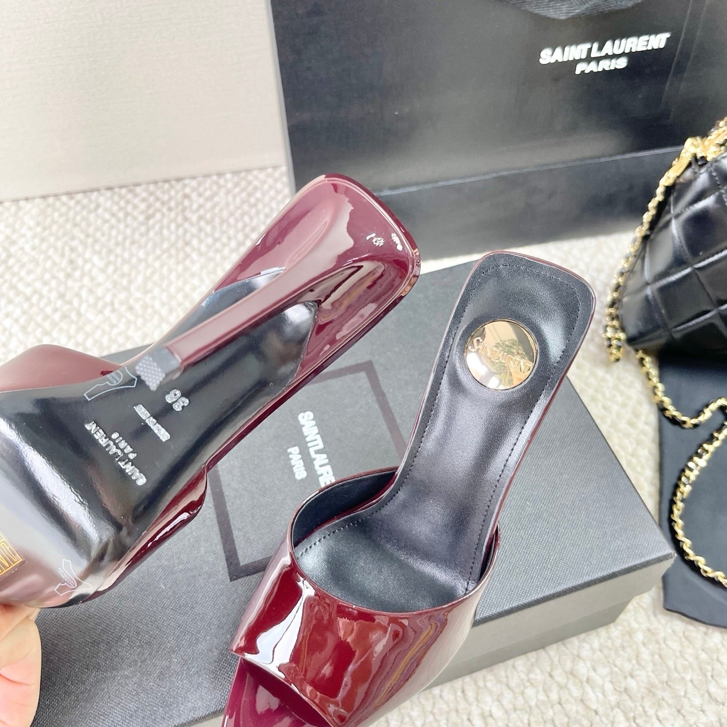 BURGUNDY PATENT OPEN-TOE MULE HEELS