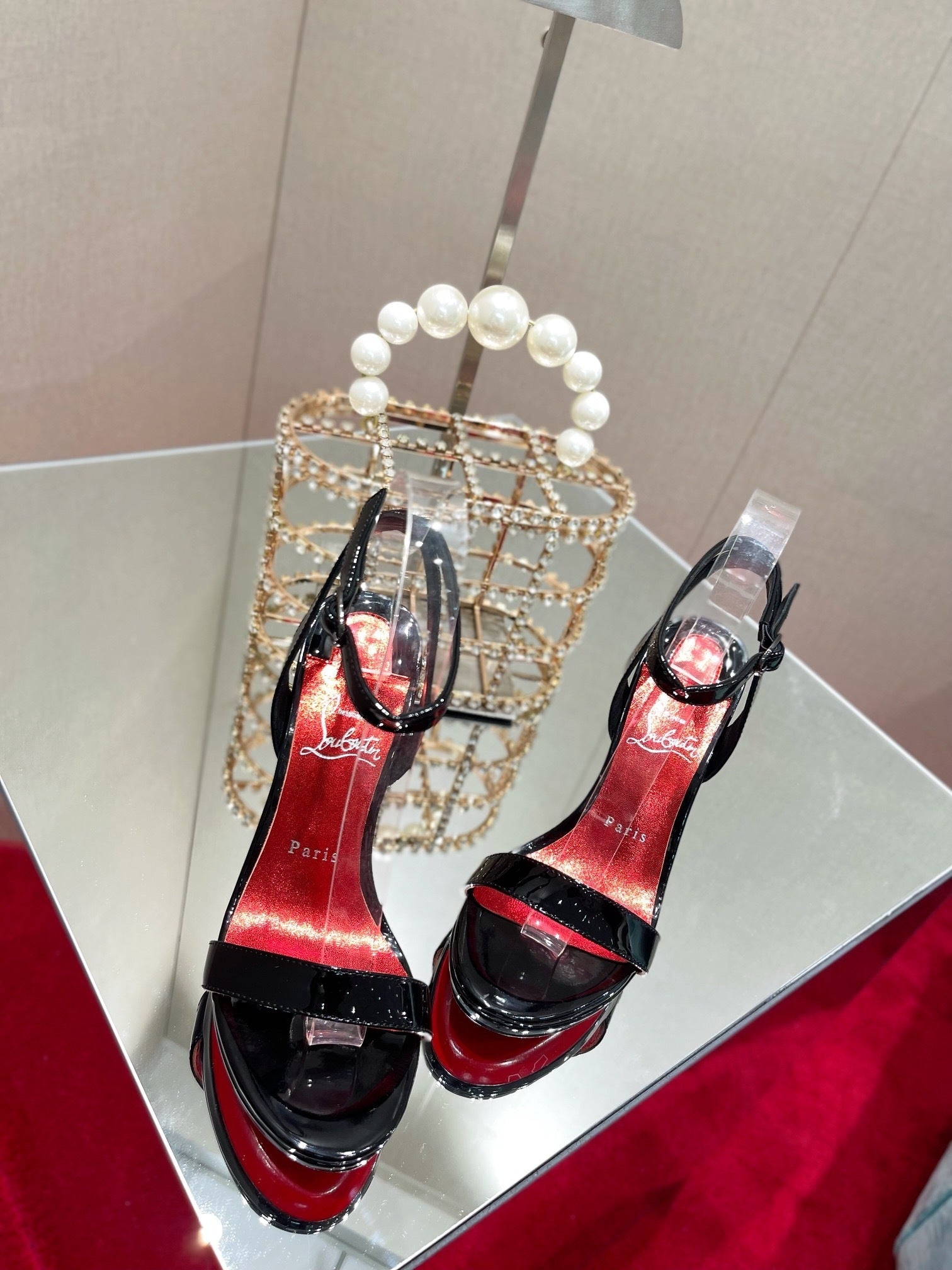 BLACK PATENT CLEAR STRAP SANDAL HEELS